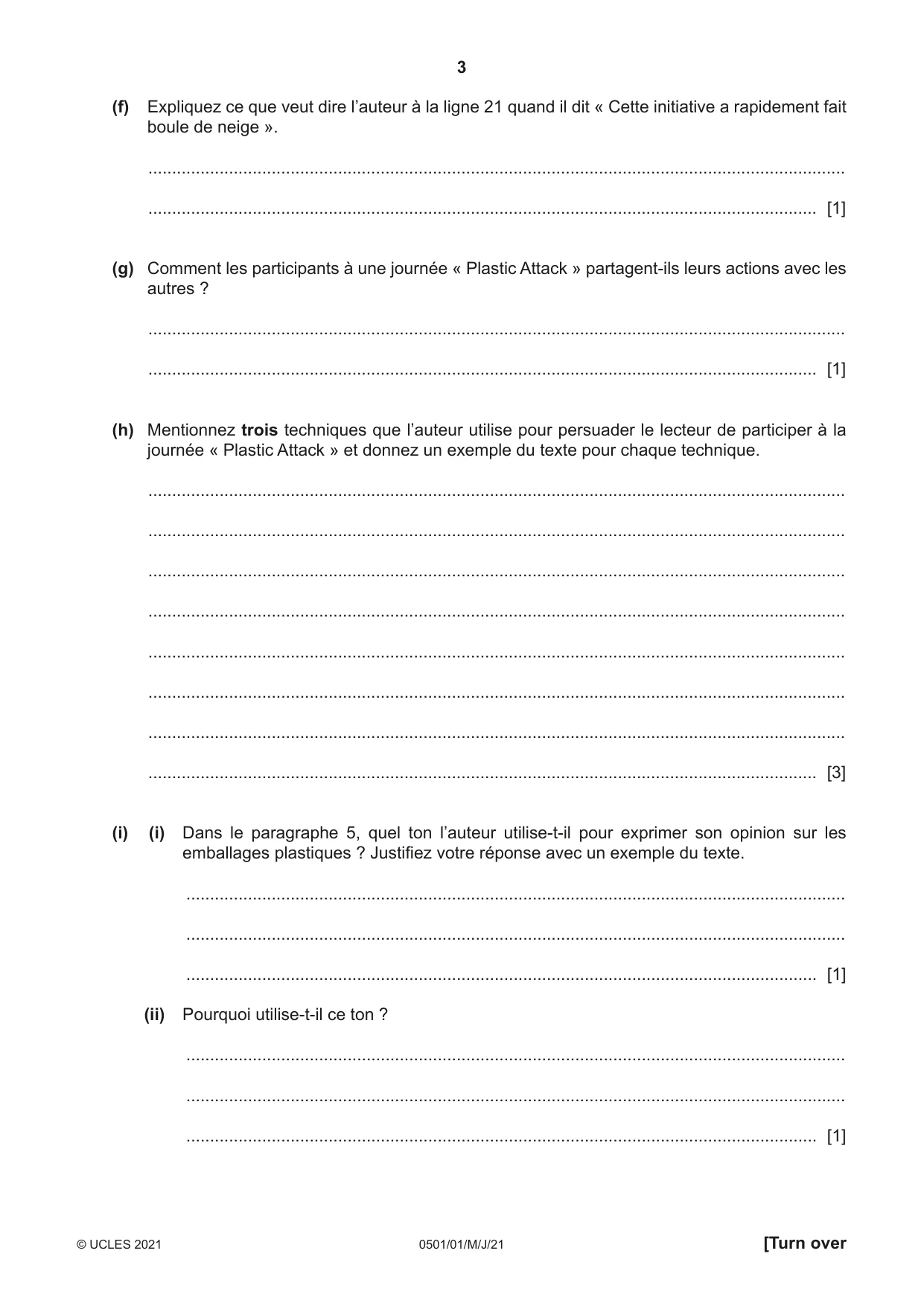Cambridge IGCSE French - First Language 0501 2021 May/June Paper 1 · Variant 0 question paper, page 3 of 8