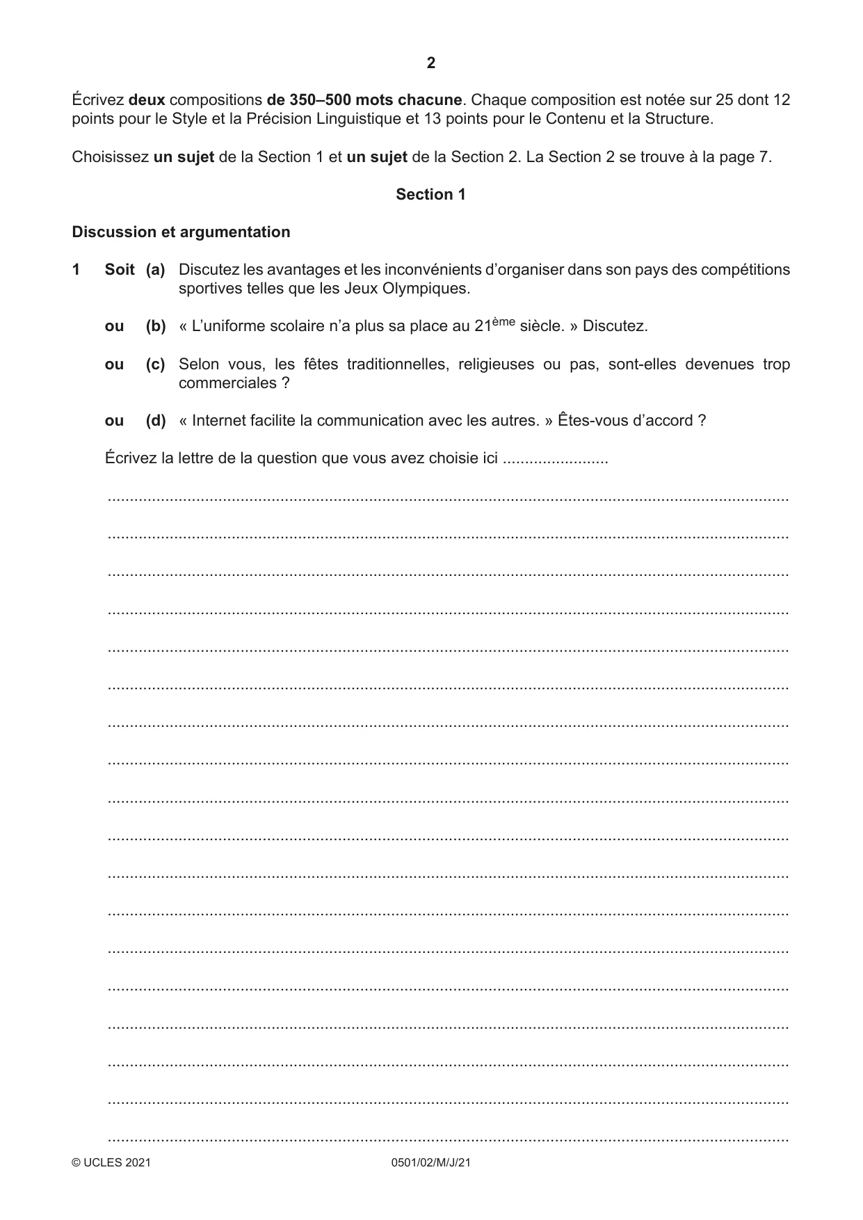 Cambridge IGCSE French - First Language 0501 2021 May/June Paper 2 · Variant 0 question paper, page 2 of 12