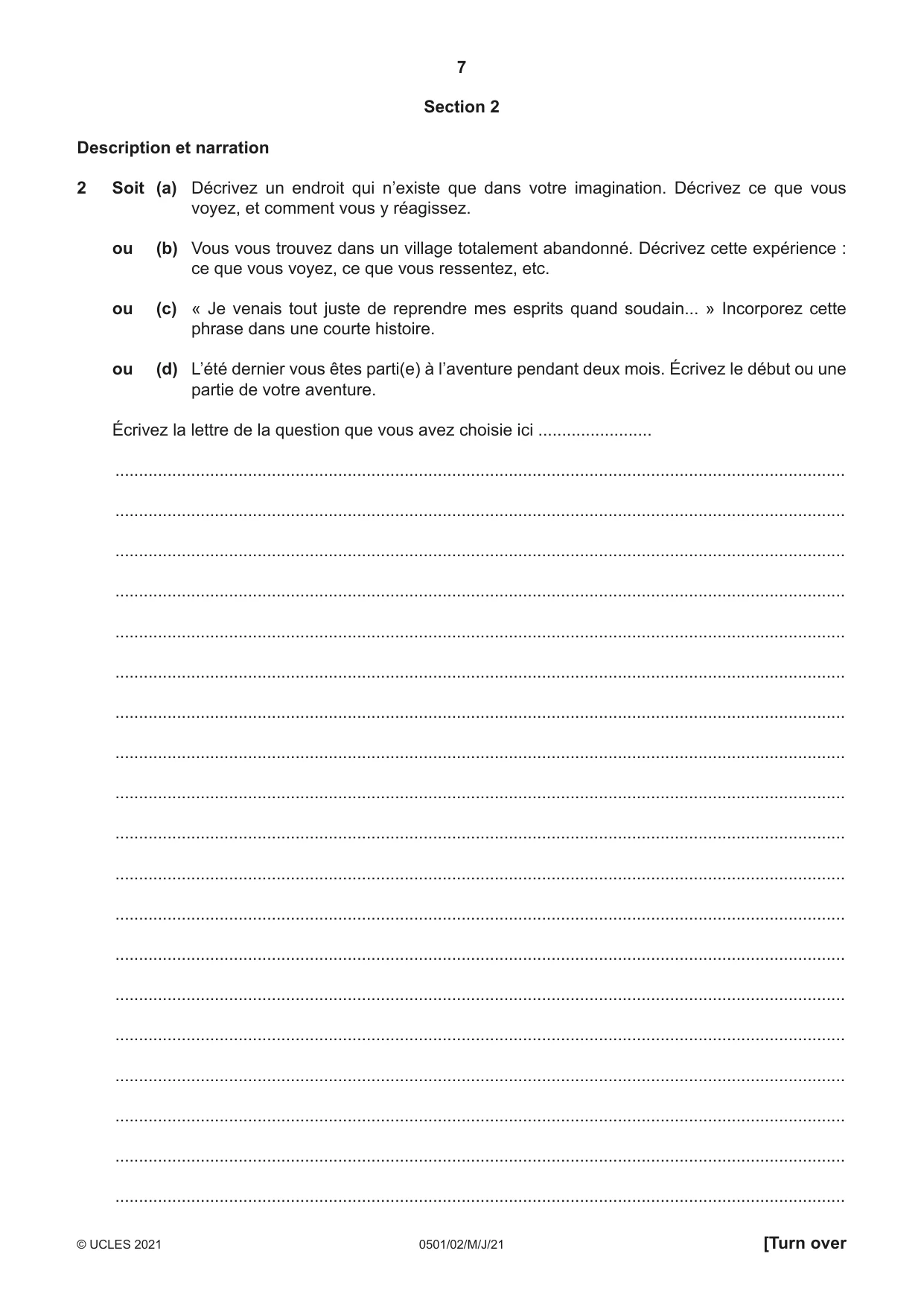 Cambridge IGCSE French - First Language 0501 2021 May/June Paper 2 · Variant 0 question paper, page 7 of 12