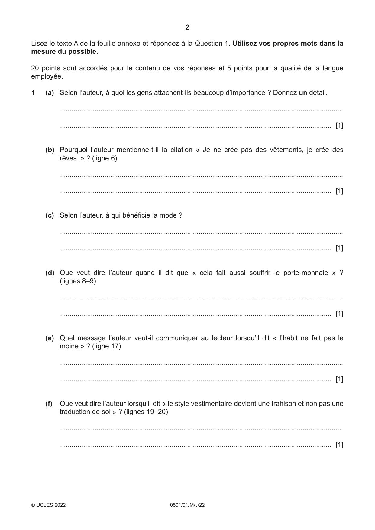 Cambridge IGCSE French - First Language 0501 2022 May/June Paper 1 · Variant 0 question paper, page 2 of 8
