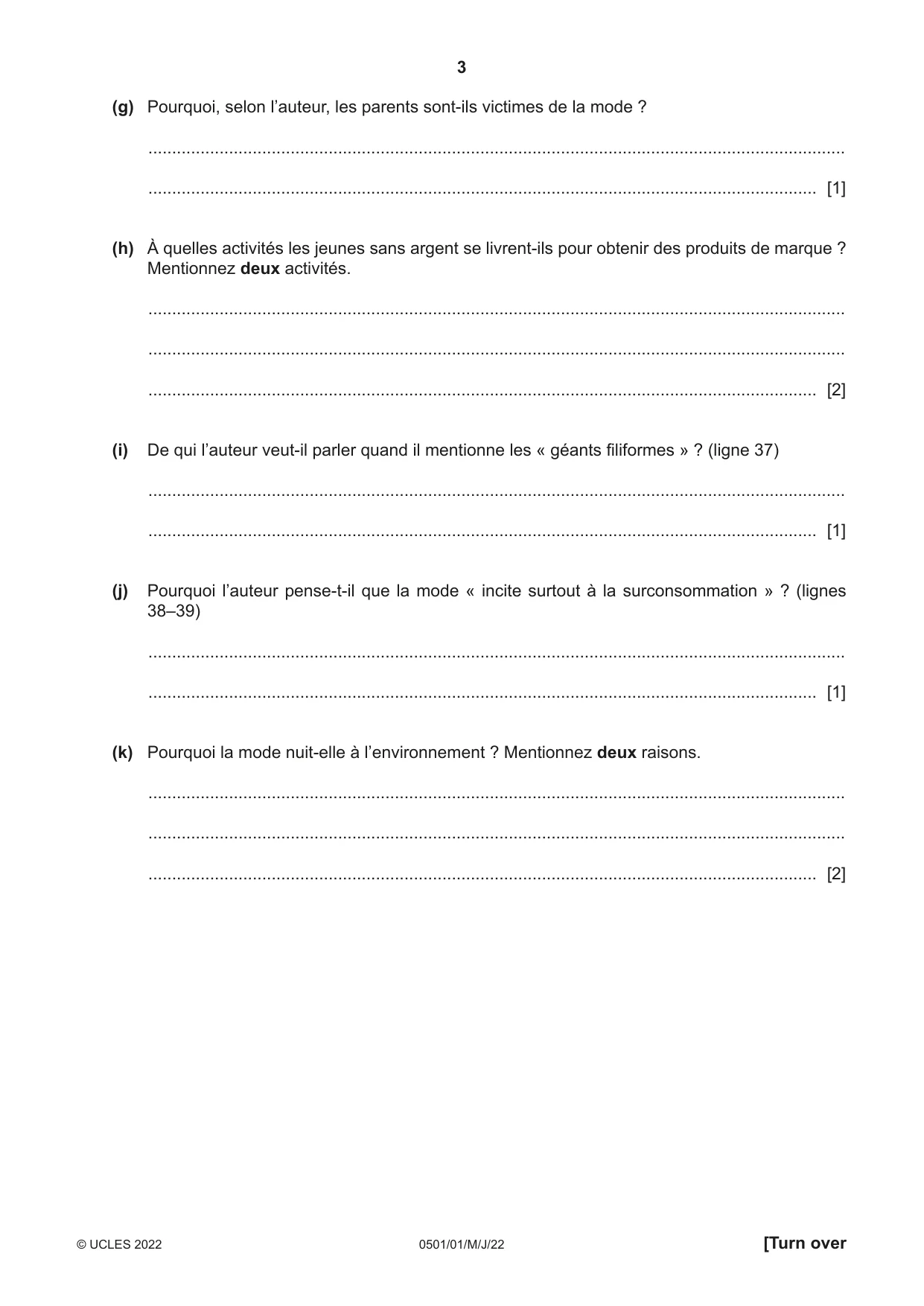 Cambridge IGCSE French - First Language 0501 2022 May/June Paper 1 · Variant 0 question paper, page 3 of 8