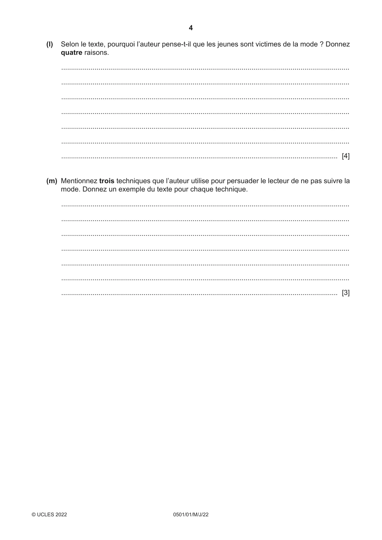 Cambridge IGCSE French - First Language 0501 2022 May/June Paper 1 · Variant 0 question paper, page 4 of 8
