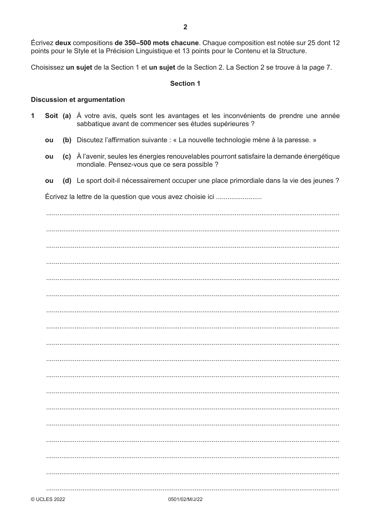 Cambridge IGCSE French - First Language 0501 2022 May/June Paper 2 · Variant 0 question paper, page 2 of 12