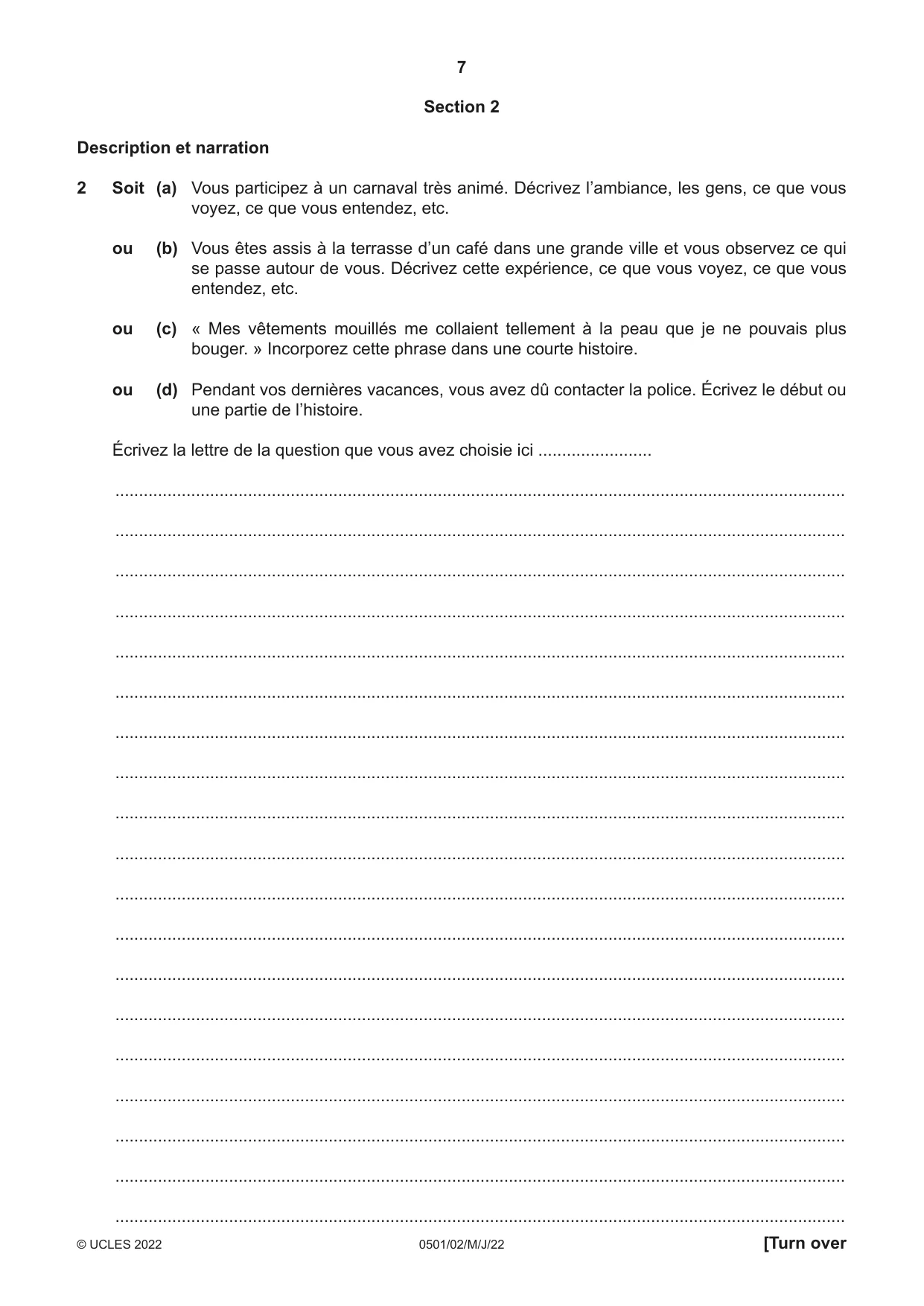Cambridge IGCSE French - First Language 0501 2022 May/June Paper 2 · Variant 0 question paper, page 7 of 12