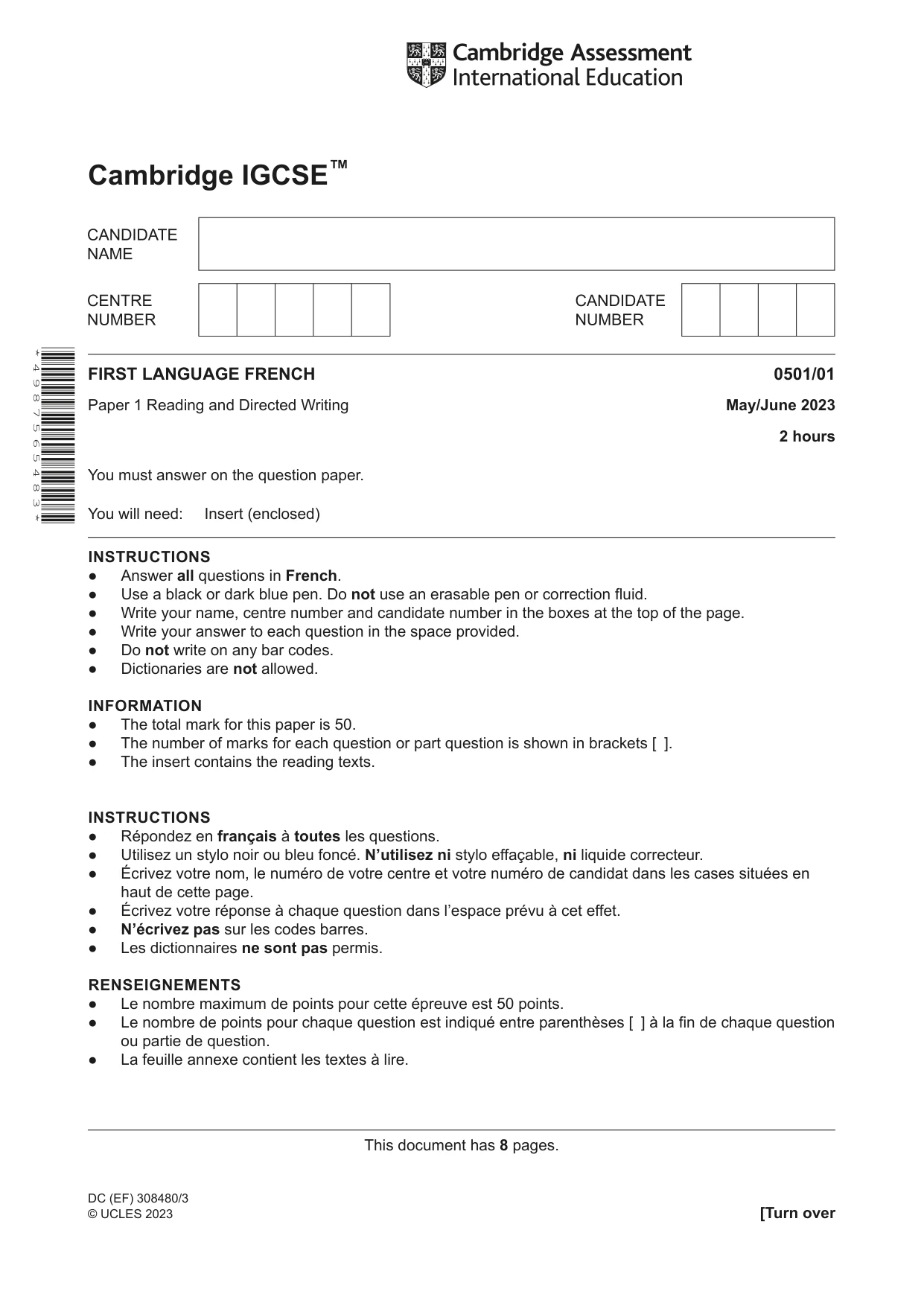Cambridge IGCSE French - First Language 0501 2023 May/June Paper 1 · Variant 0 question paper, page 1 of 8