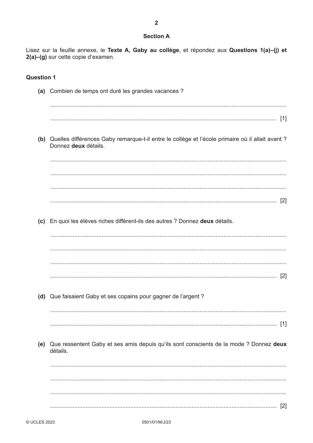 Cambridge IGCSE French - First Language 0501 2023 May/June Paper 1 · Variant 0 question paper, page 2 of 8