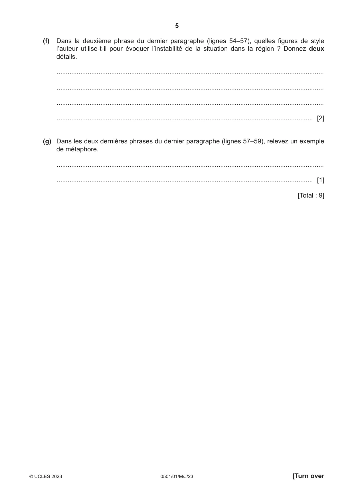 Cambridge IGCSE French - First Language 0501 2023 May/June Paper 1 · Variant 0 question paper, page 5 of 8