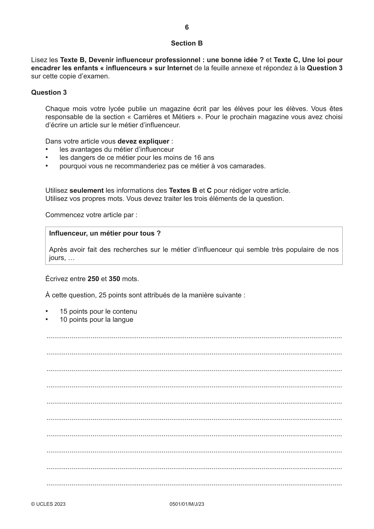 Cambridge IGCSE French - First Language 0501 2023 May/June Paper 1 · Variant 0 question paper, page 6 of 8