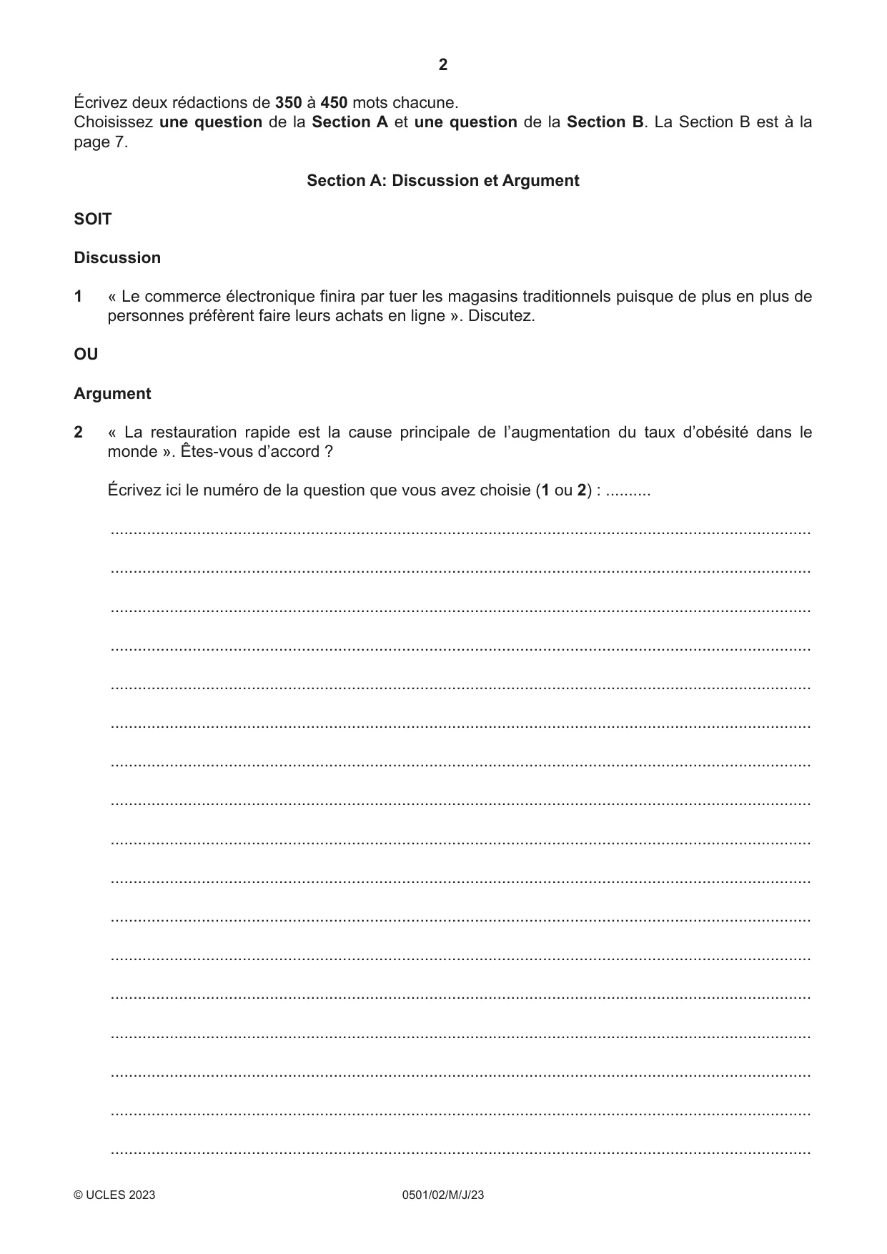 Cambridge IGCSE French - First Language 0501 2023 May/June Paper 2 · Variant 0 question paper, page 2 of 12