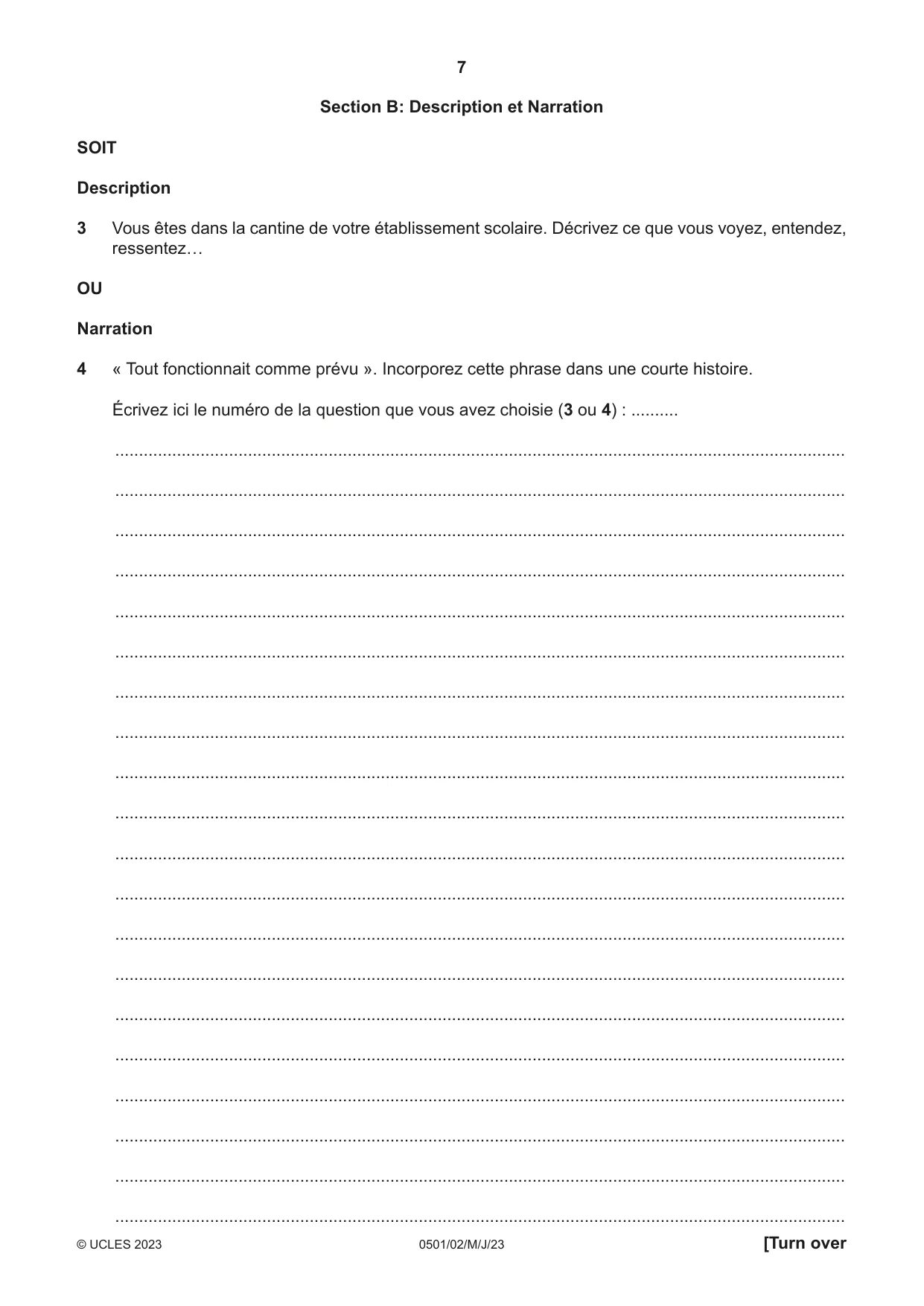 Cambridge IGCSE French - First Language 0501 2023 May/June Paper 2 · Variant 0 question paper, page 7 of 12