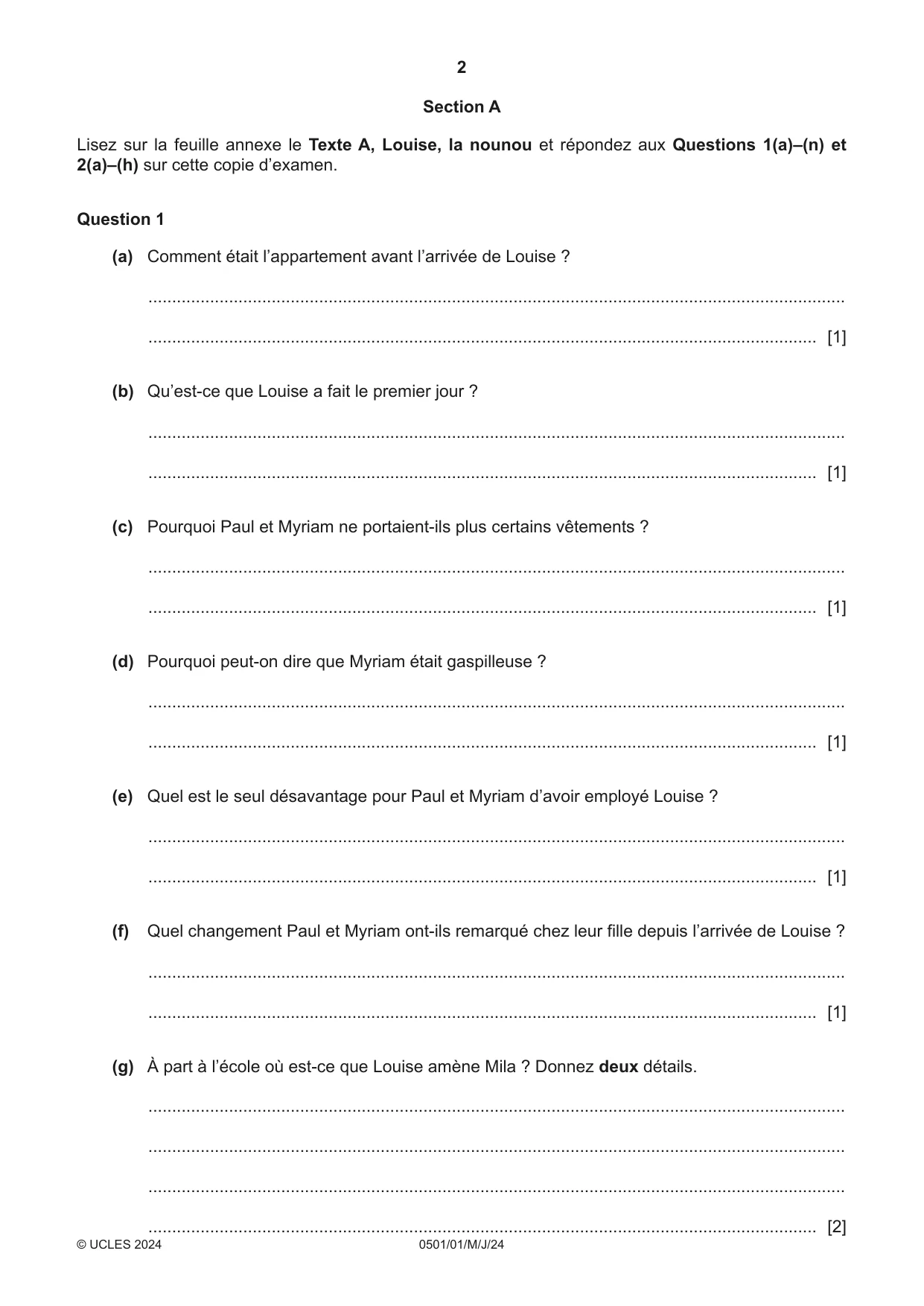 Cambridge IGCSE French - First Language 0501 2024 May/June Paper 1 · Variant 0 question paper, page 2 of 8
