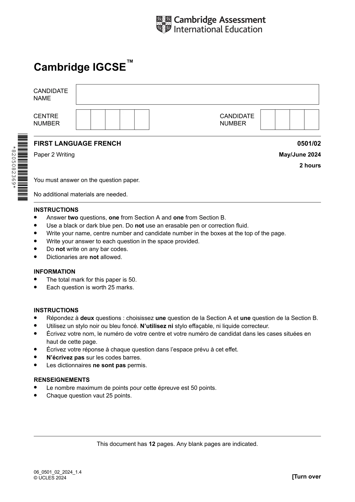 Cambridge IGCSE French - First Language 0501 2024 May/June Paper 2 · Variant 0 question paper, page 1 of 12