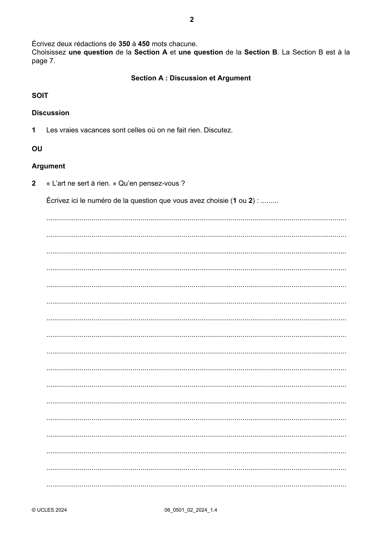 Cambridge IGCSE French - First Language 0501 2024 May/June Paper 2 · Variant 0 question paper, page 2 of 12