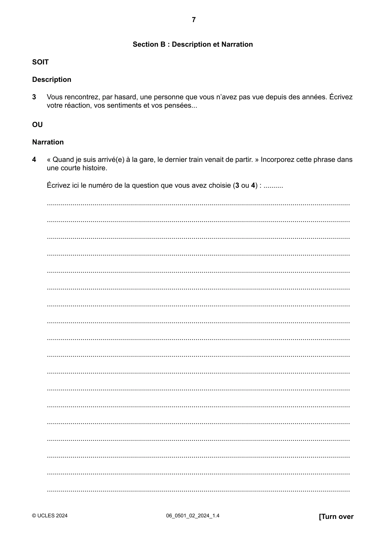 Cambridge IGCSE French - First Language 0501 2024 May/June Paper 2 · Variant 0 question paper, page 7 of 12