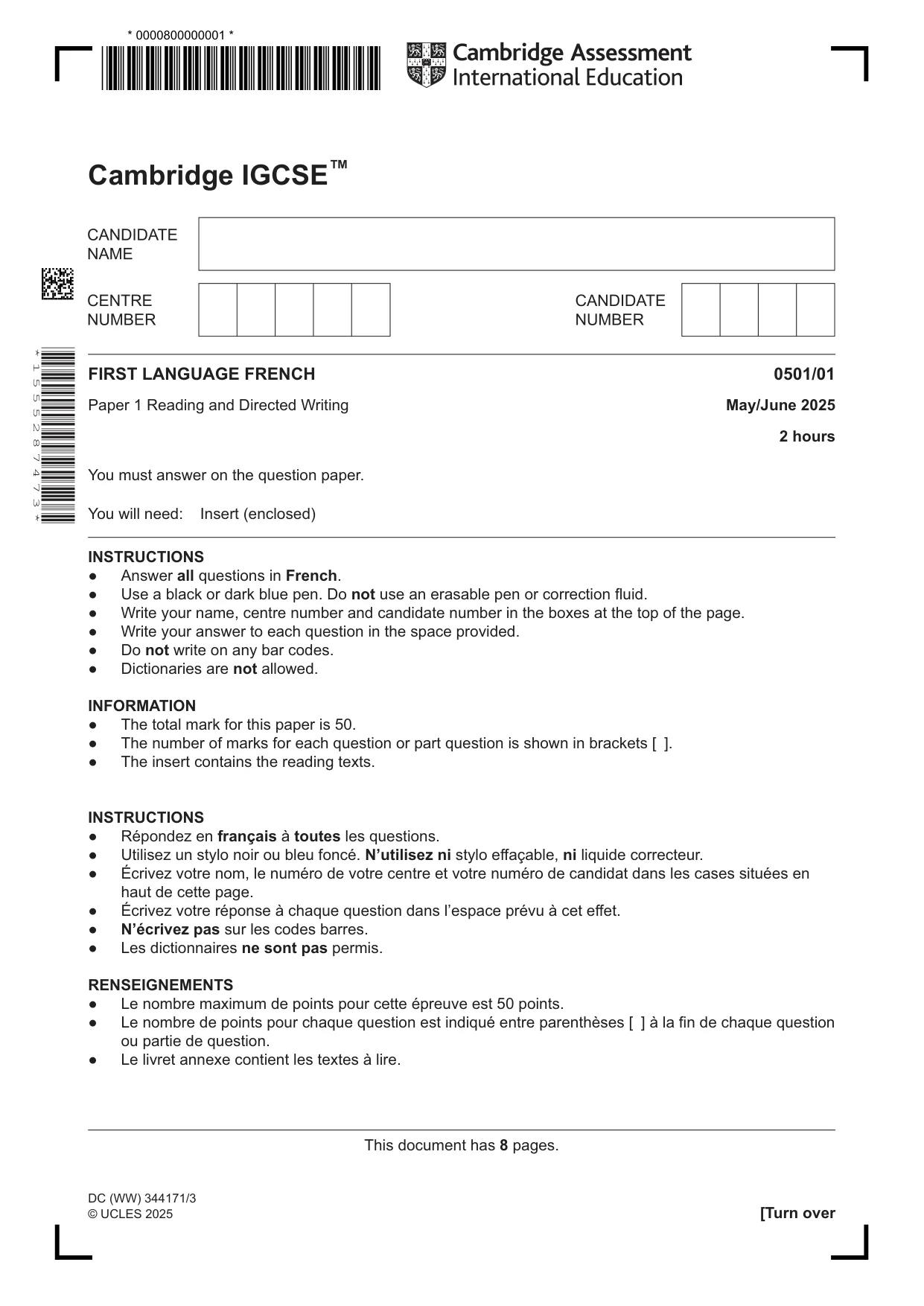 Cambridge IGCSE French - First Language 0501 2025 May/June Paper 1 · Variant 0 question paper, page 1 of 8