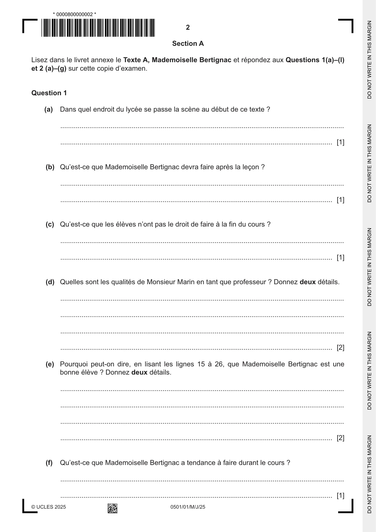 Cambridge IGCSE French - First Language 0501 2025 May/June Paper 1 · Variant 0 question paper, page 2 of 8