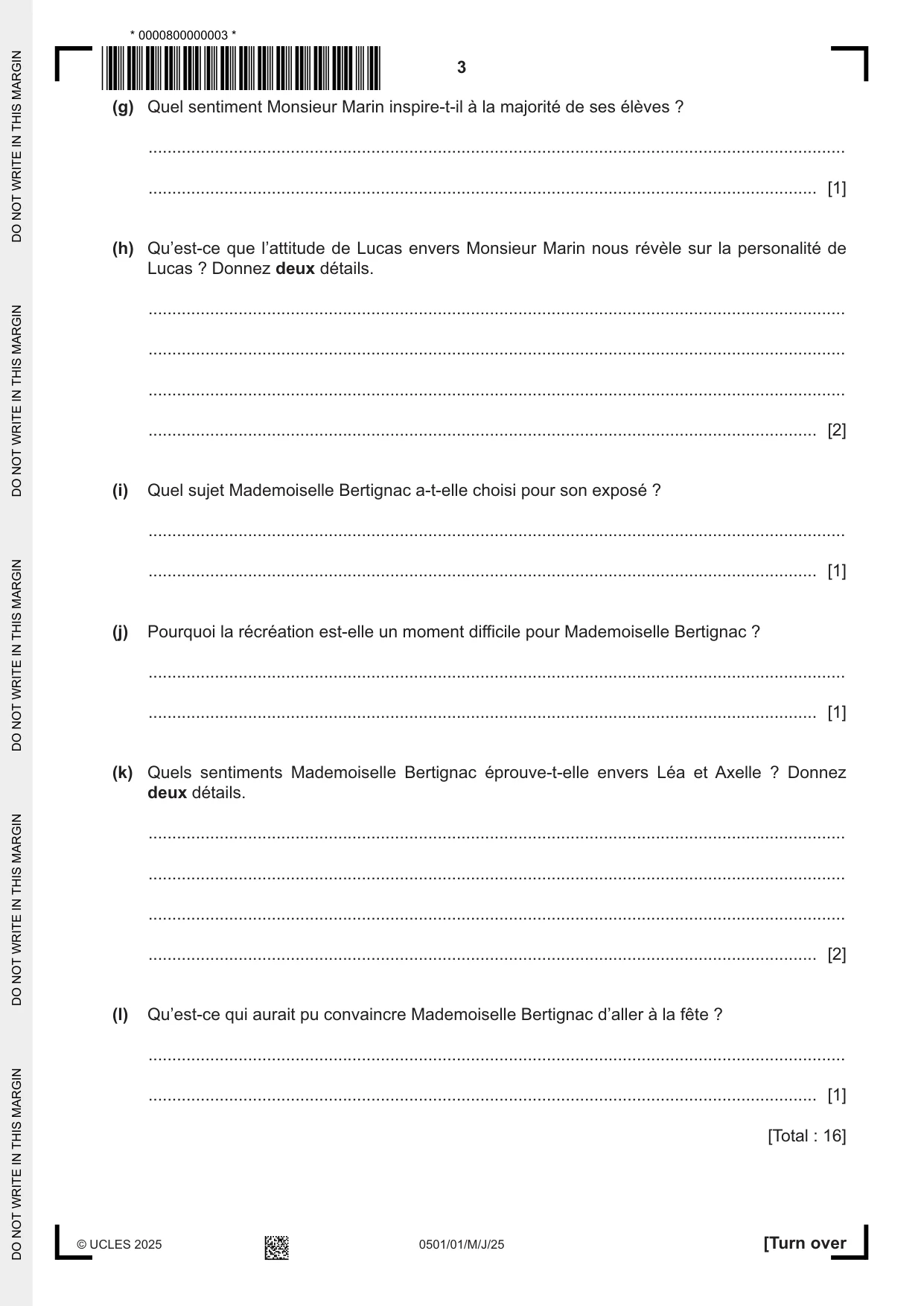 Cambridge IGCSE French - First Language 0501 2025 May/June Paper 1 · Variant 0 question paper, page 3 of 8
