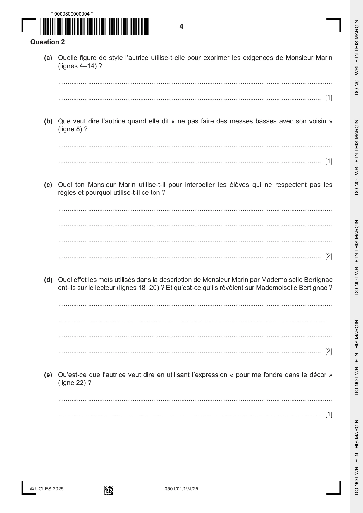 Cambridge IGCSE French - First Language 0501 2025 May/June Paper 1 · Variant 0 question paper, page 4 of 8