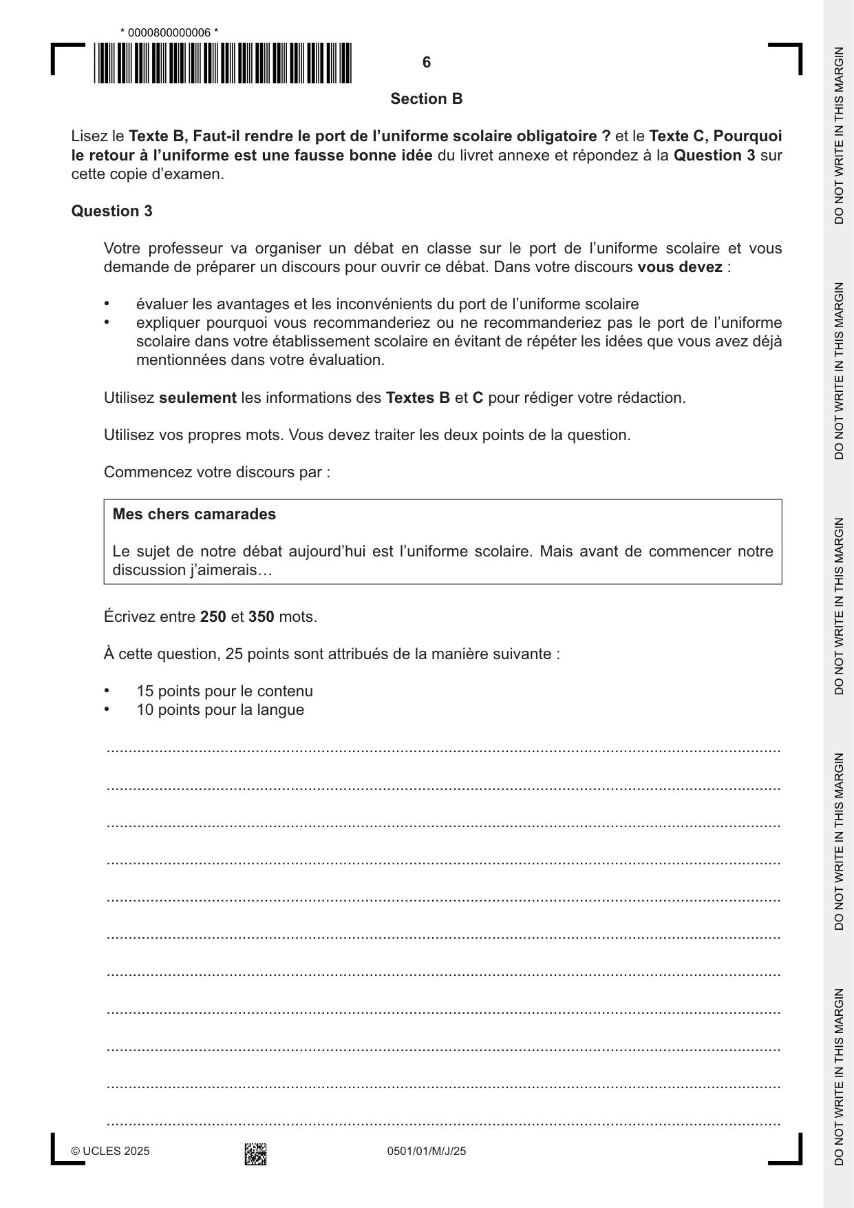 Cambridge IGCSE French - First Language 0501 2025 May/June Paper 1 · Variant 0 question paper, page 6 of 8