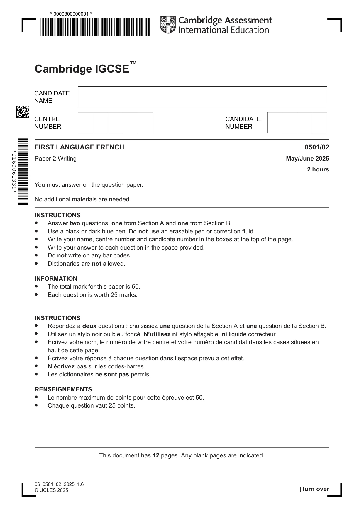 Cambridge IGCSE French - First Language 0501 2025 May/June Paper 2 · Variant 0 question paper, page 1 of 12