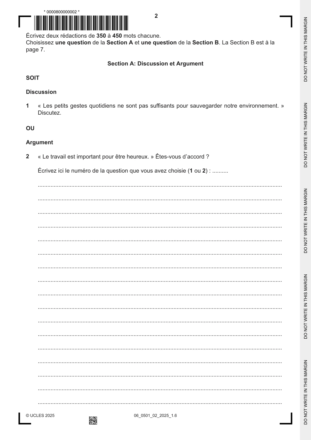 Cambridge IGCSE French - First Language 0501 2025 May/June Paper 2 · Variant 0 question paper, page 2 of 12
