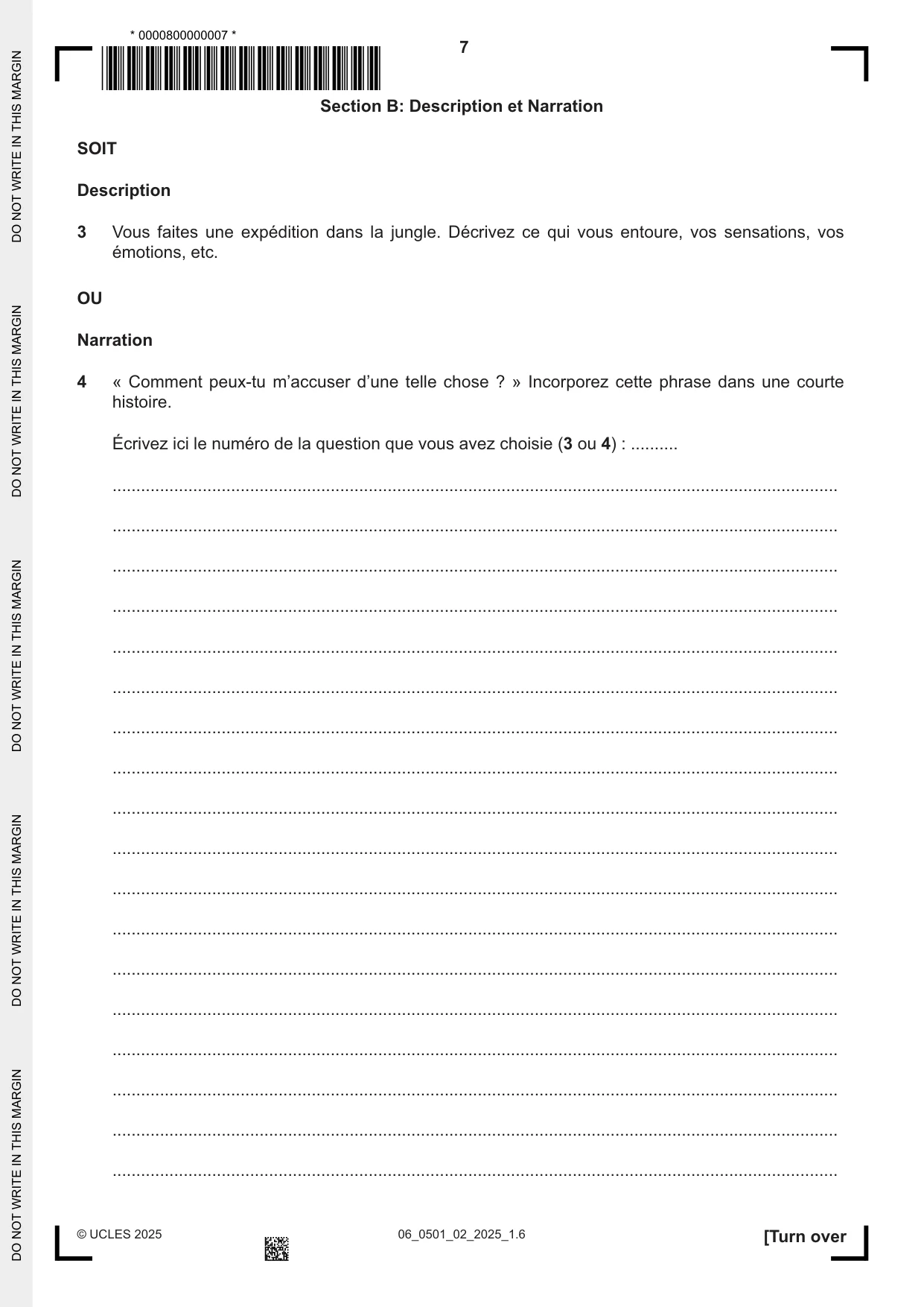 Cambridge IGCSE French - First Language 0501 2025 May/June Paper 2 · Variant 0 question paper, page 7 of 12