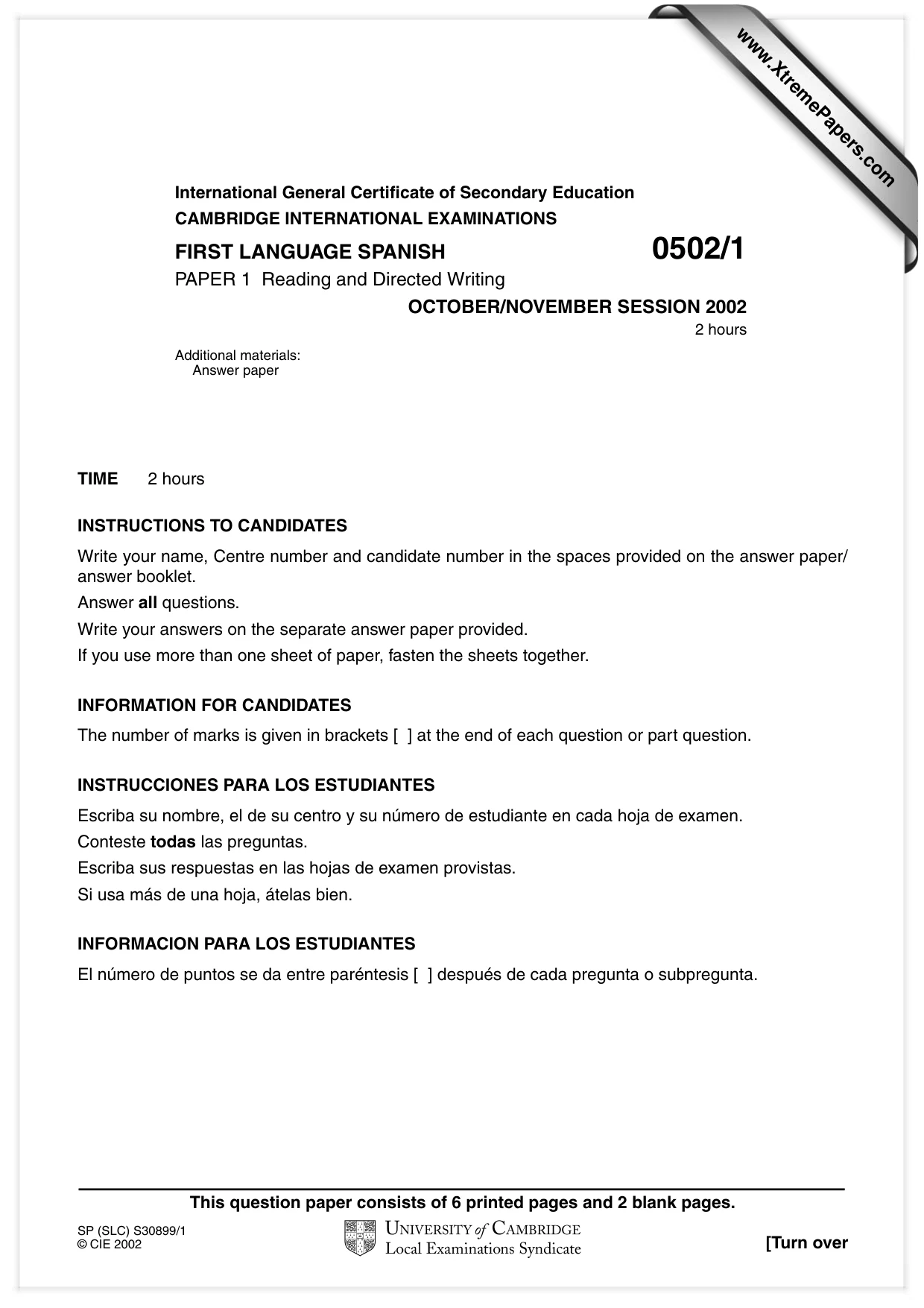 Cambridge IGCSE Spanish - First Language 0502 2002 Oct/Nov Paper 1 · Variant 1 question paper, page 1 of 8