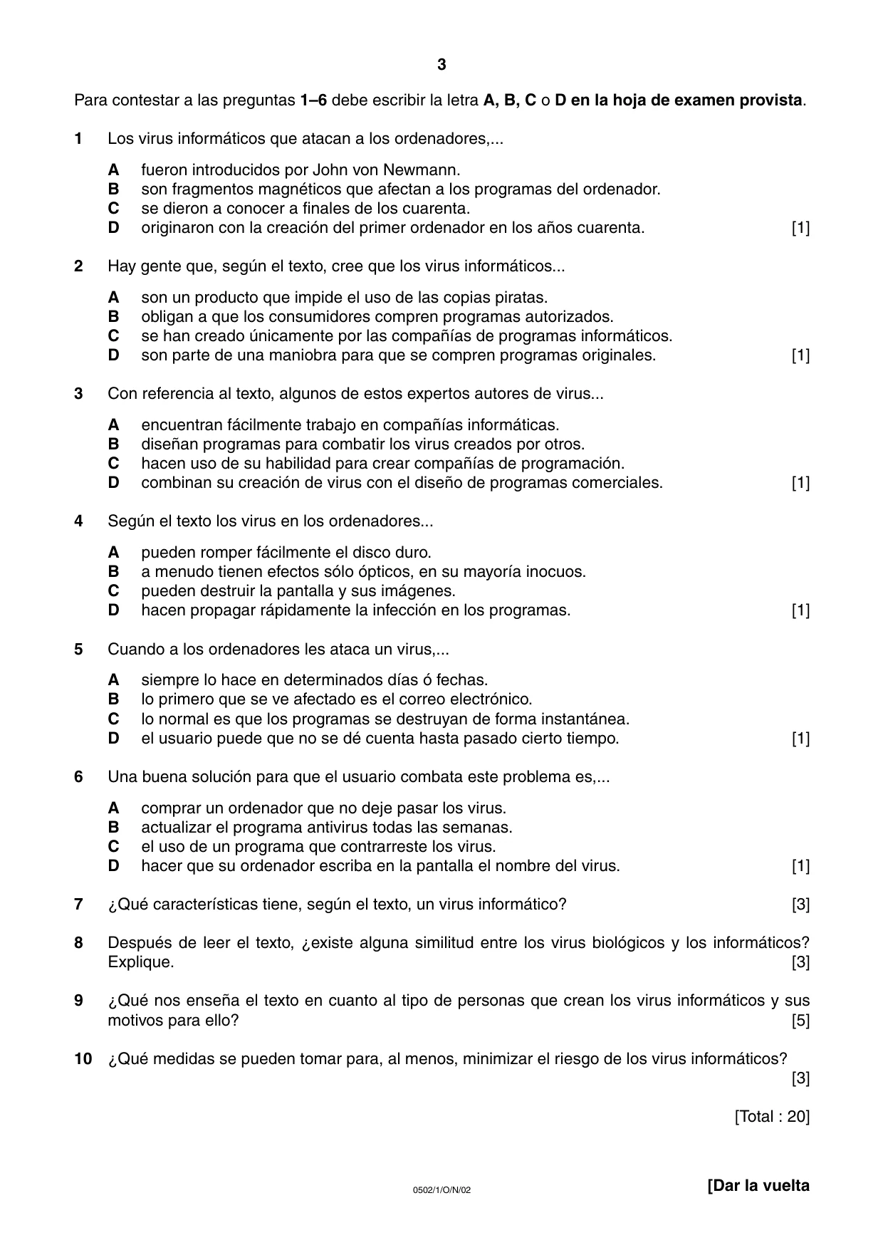 Cambridge IGCSE Spanish - First Language 0502 2002 Oct/Nov Paper 1 · Variant 1 question paper, page 3 of 8