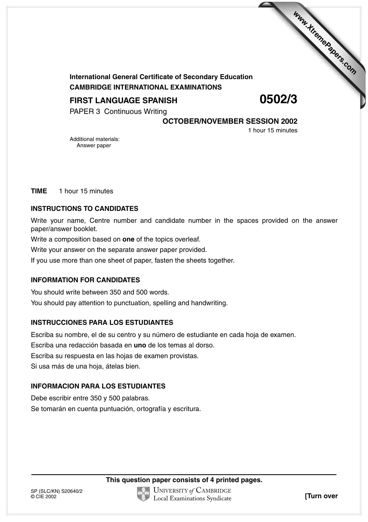 Cambridge IGCSE Spanish - First Language 0502 2002 Oct/Nov Paper 3 · Variant 1 question paper, page 1 of 4