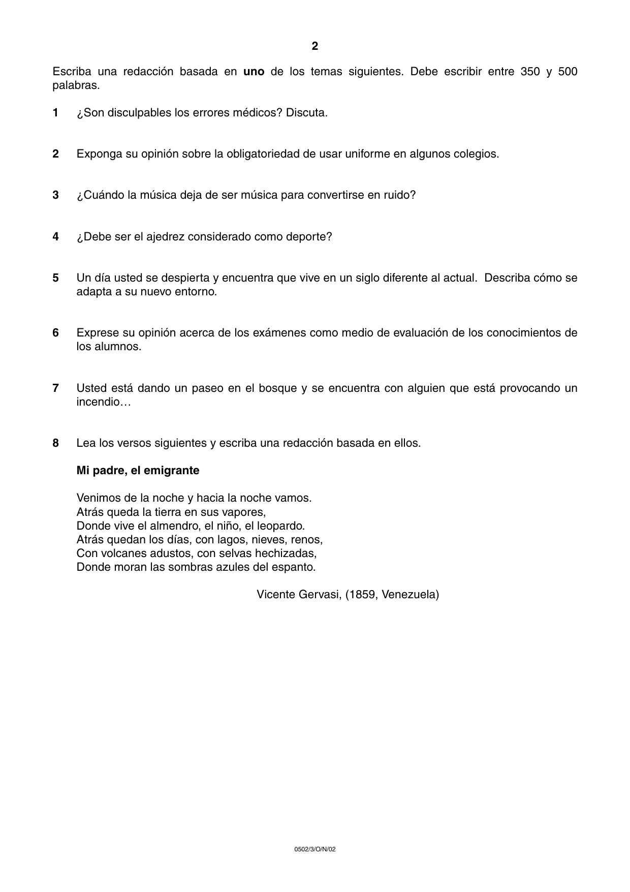 Cambridge IGCSE Spanish - First Language 0502 2002 Oct/Nov Paper 3 · Variant 1 question paper, page 2 of 4