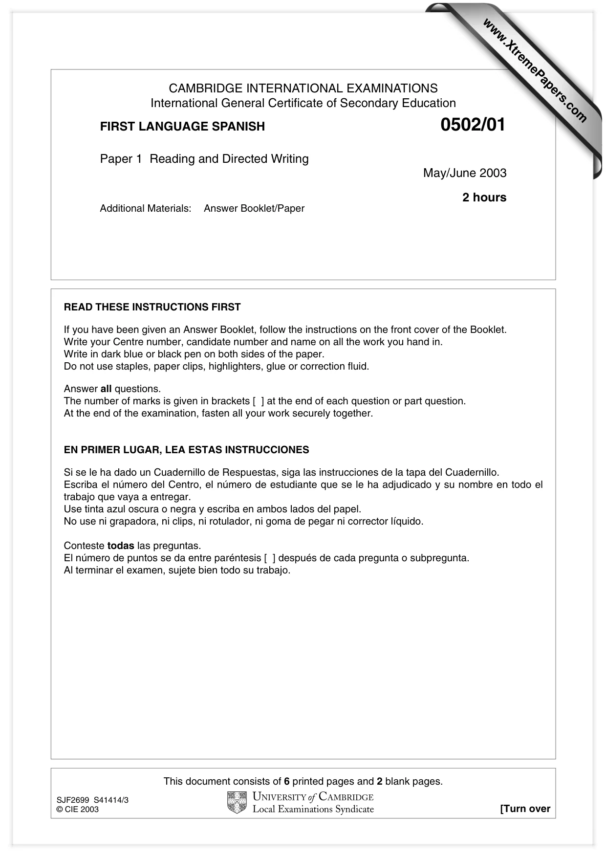 Cambridge IGCSE Spanish - First Language 0502 2003 May/June Paper 1 · Variant 1 question paper, page 1 of 8