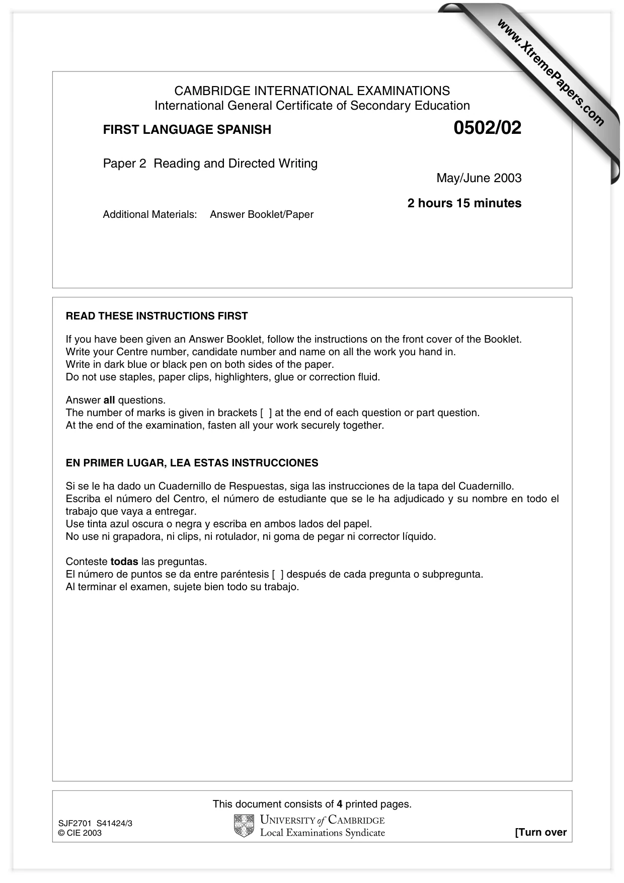Cambridge IGCSE Spanish - First Language 0502 2003 May/June Paper 2 · Variant 1 question paper, page 1 of 4