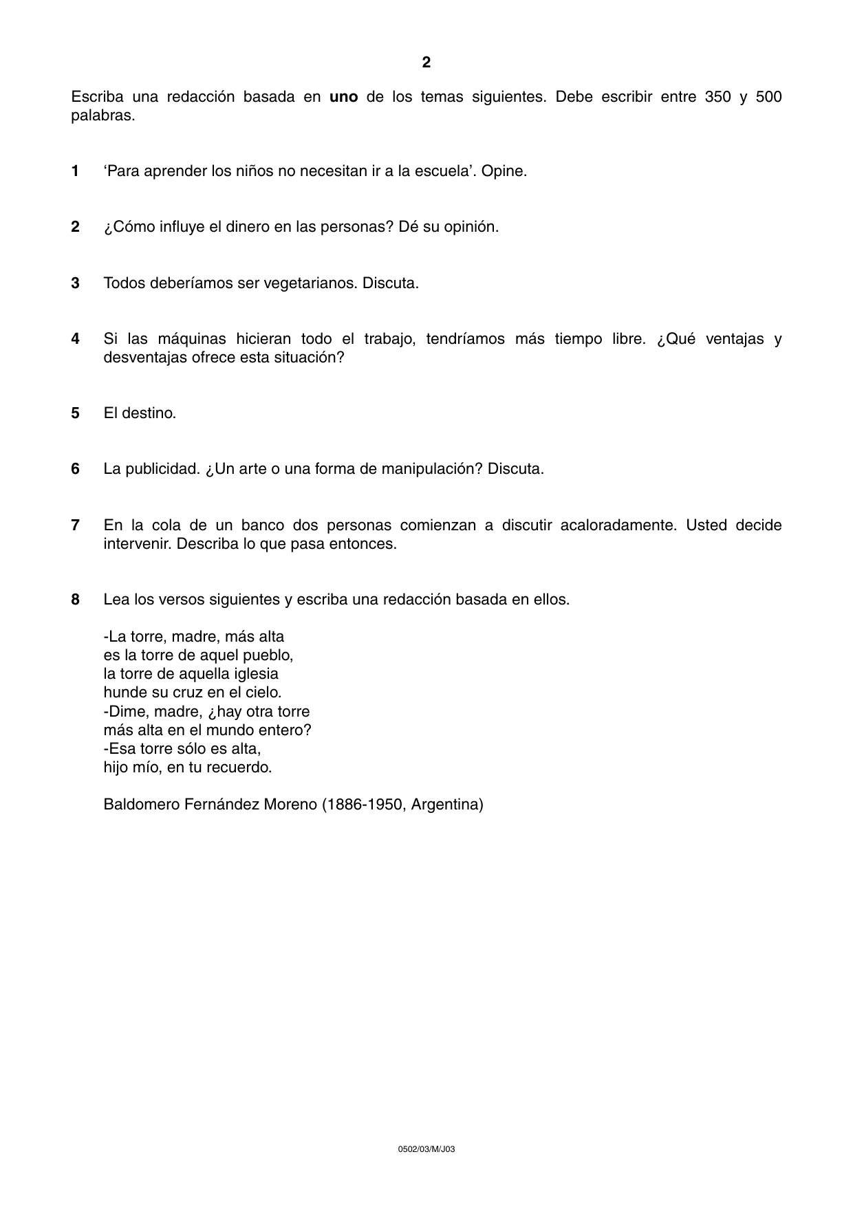 Cambridge IGCSE Spanish - First Language 0502 2003 May/June Paper 3 · Variant 1 question paper, page 2 of 4