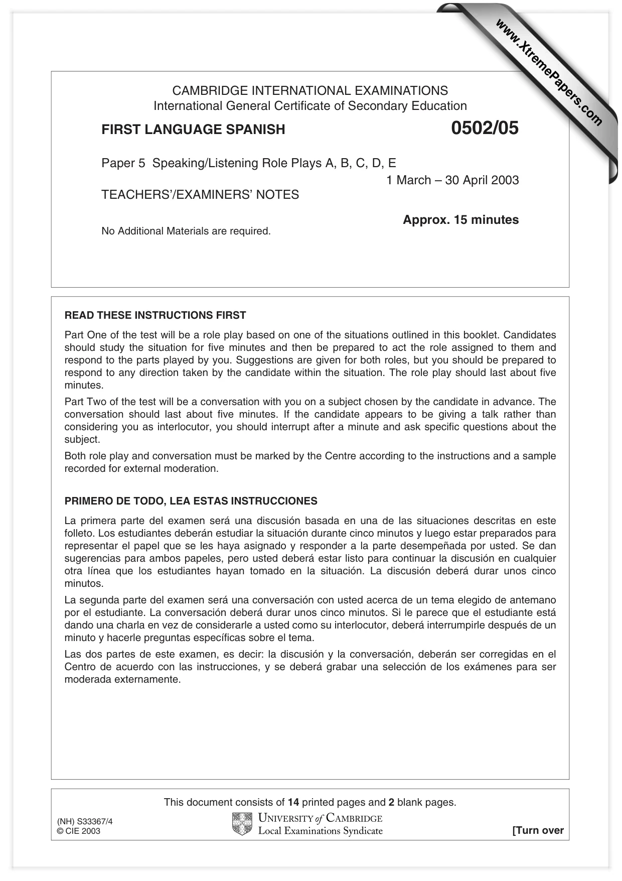 Cambridge IGCSE Spanish - First Language 0502 2003 May/June Paper 5 · Variant 1 question paper, page 1 of 16