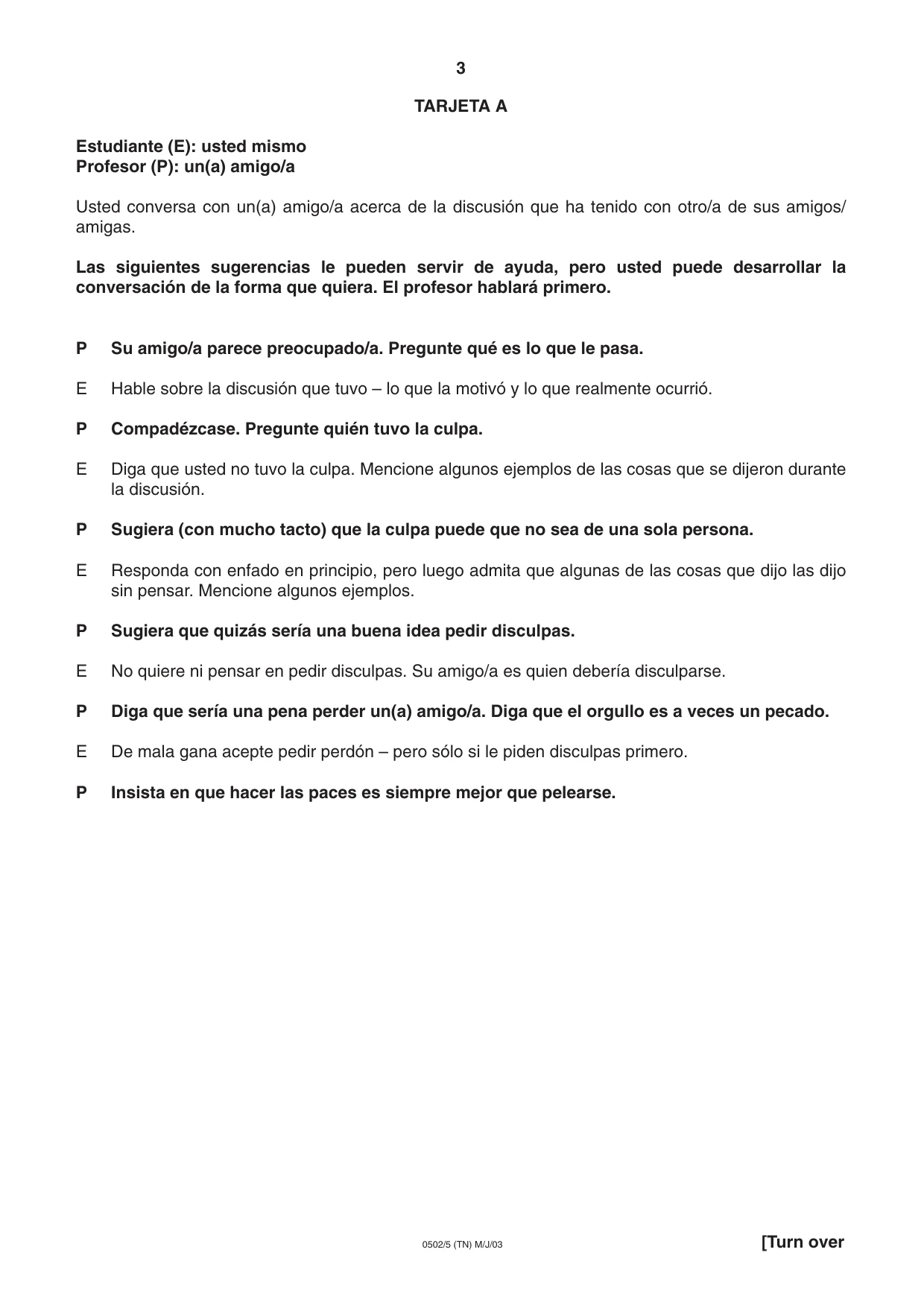 Cambridge IGCSE Spanish - First Language 0502 2003 May/June Paper 5 · Variant 1 question paper, page 3 of 16