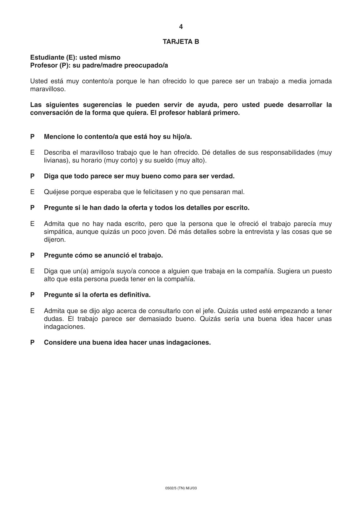 Cambridge IGCSE Spanish - First Language 0502 2003 May/June Paper 5 · Variant 1 question paper, page 4 of 16