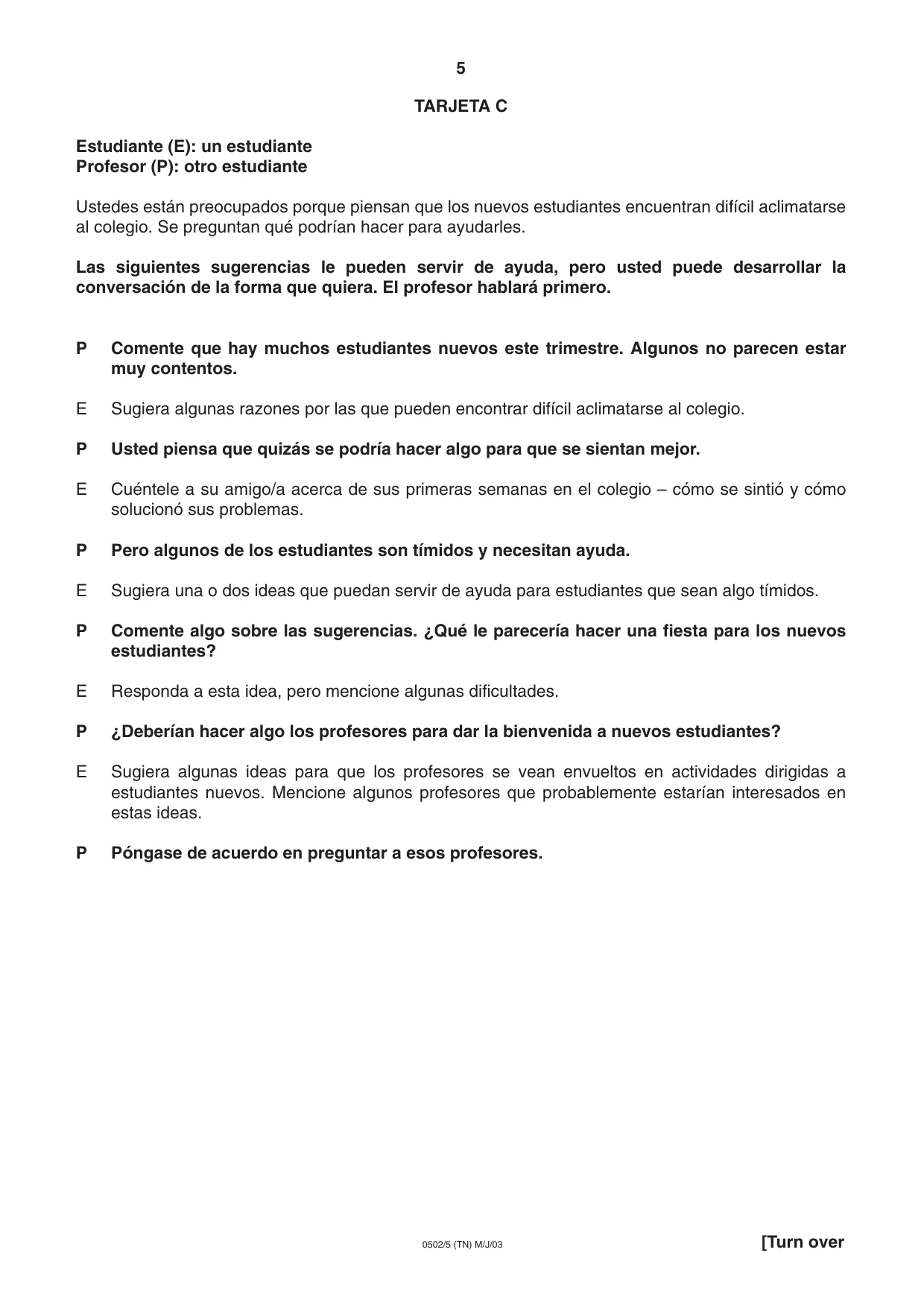 Cambridge IGCSE Spanish - First Language 0502 2003 May/June Paper 5 · Variant 1 question paper, page 5 of 16