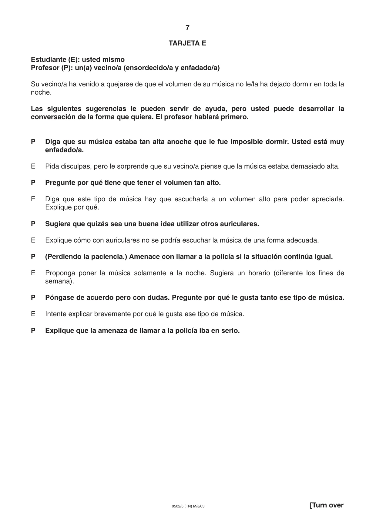 Cambridge IGCSE Spanish - First Language 0502 2003 May/June Paper 5 · Variant 1 question paper, page 7 of 16