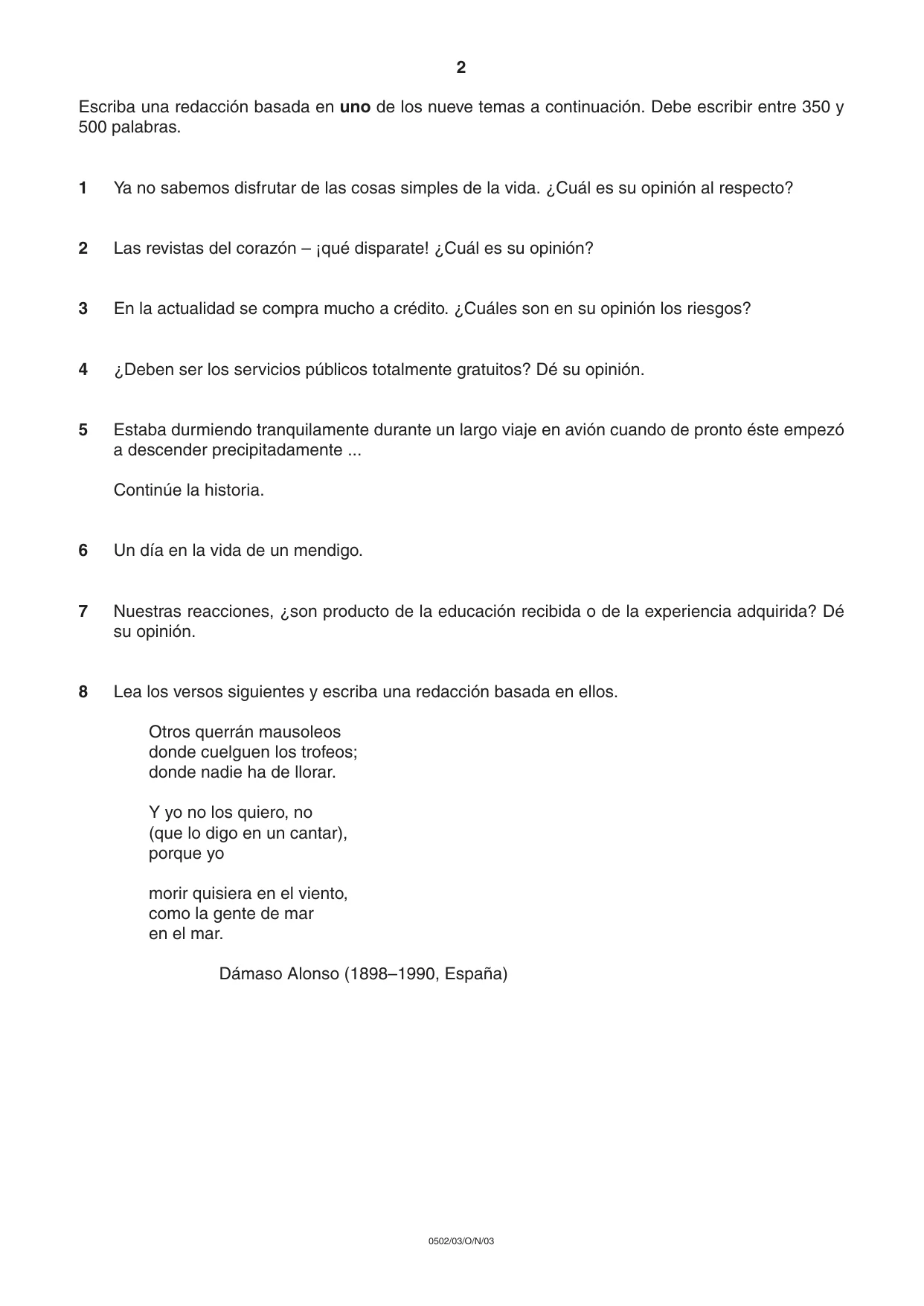 Cambridge IGCSE Spanish - First Language 0502 2003 Oct/Nov Paper 3 · Variant 1 question paper, page 2 of 4