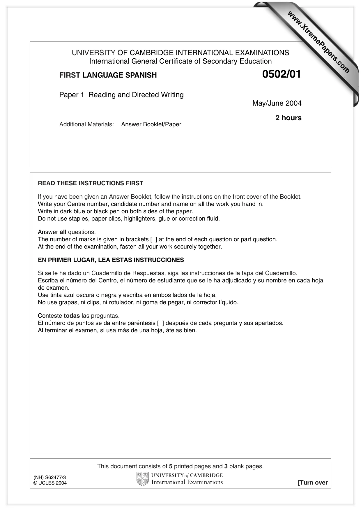 Cambridge IGCSE Spanish - First Language 0502 2004 May/June Paper 1 · Variant 1 question paper, page 1 of 8