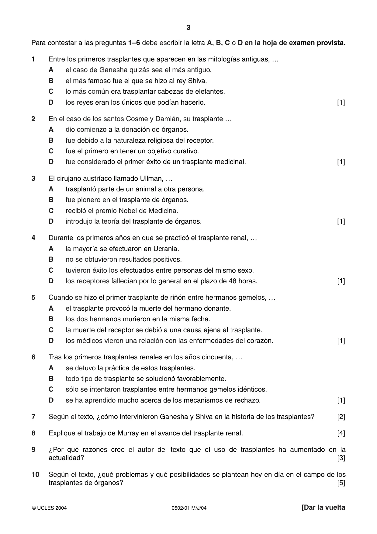 Cambridge IGCSE Spanish - First Language 0502 2004 May/June Paper 1 · Variant 1 question paper, page 3 of 8