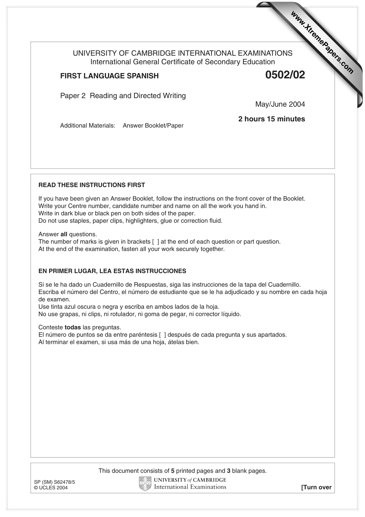 Cambridge IGCSE Spanish - First Language 0502 2004 May/June Paper 2 · Variant 1 question paper, page 1 of 8