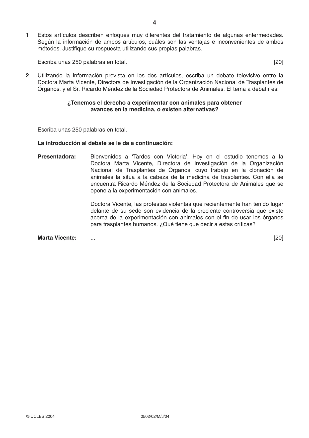 Cambridge IGCSE Spanish - First Language 0502 2004 May/June Paper 2 · Variant 1 question paper, page 4 of 8