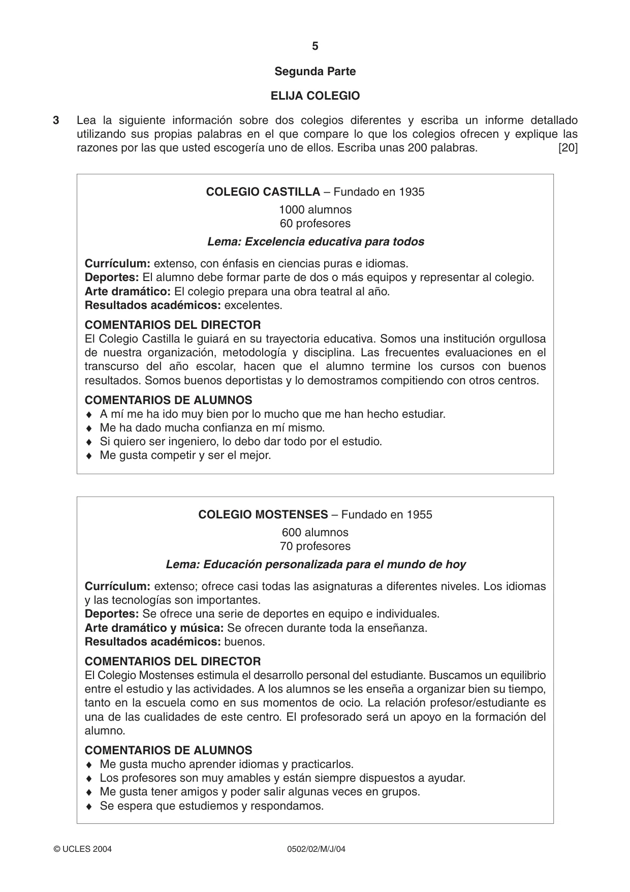 Cambridge IGCSE Spanish - First Language 0502 2004 May/June Paper 2 · Variant 1 question paper, page 5 of 8