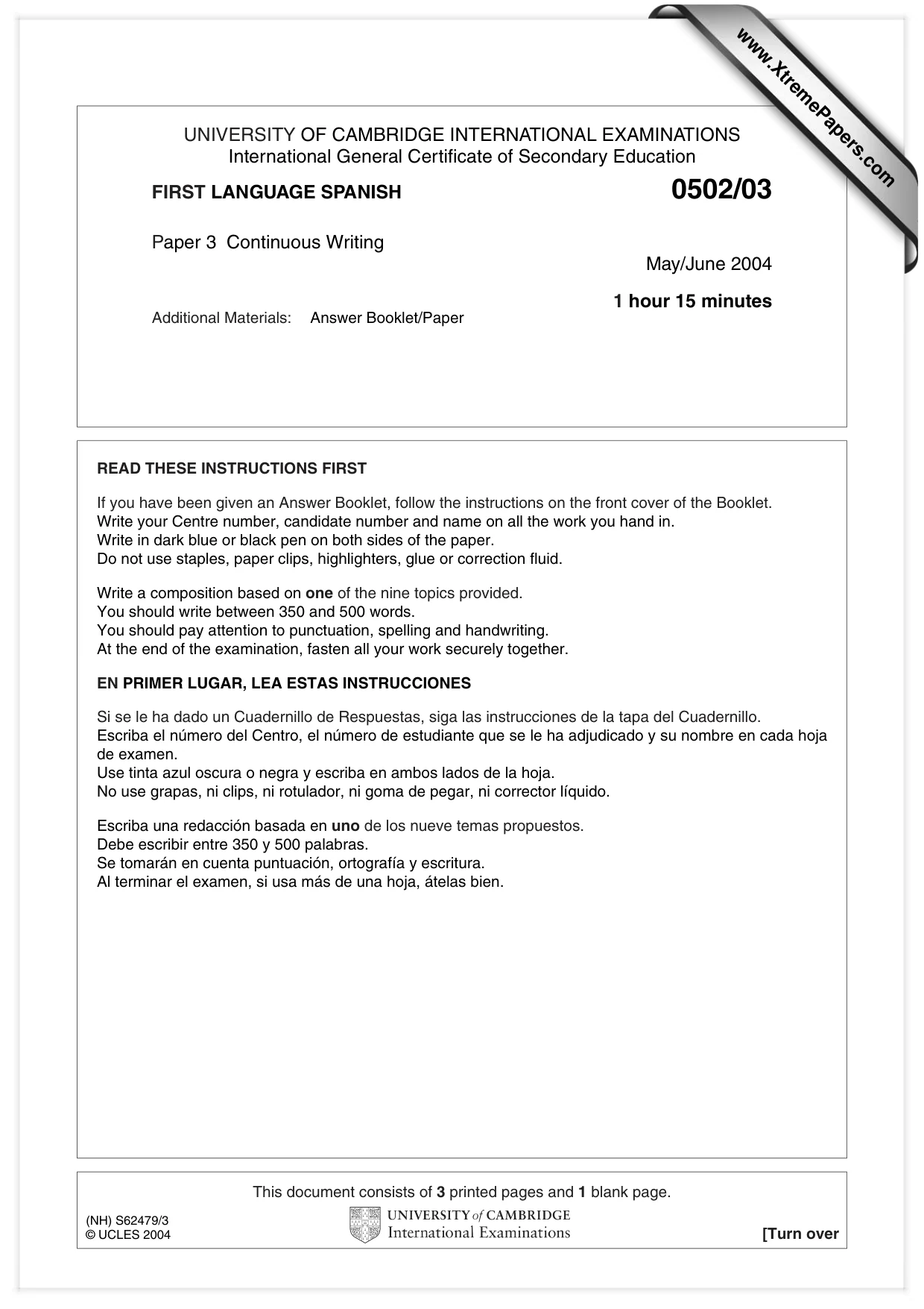 Cambridge IGCSE Spanish - First Language 0502 2004 May/June Paper 3 · Variant 1 question paper, page 1 of 4