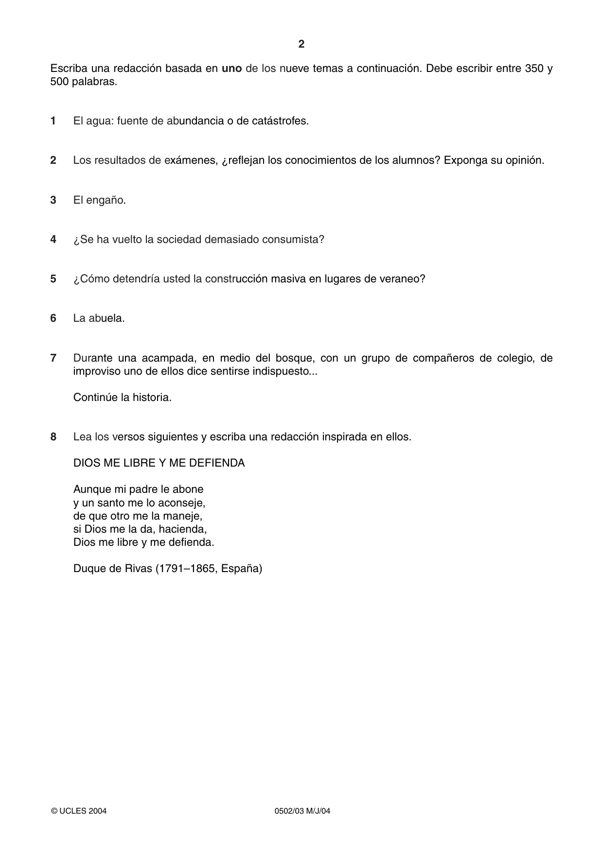 Cambridge IGCSE Spanish - First Language 0502 2004 May/June Paper 3 · Variant 1 question paper, page 2 of 4