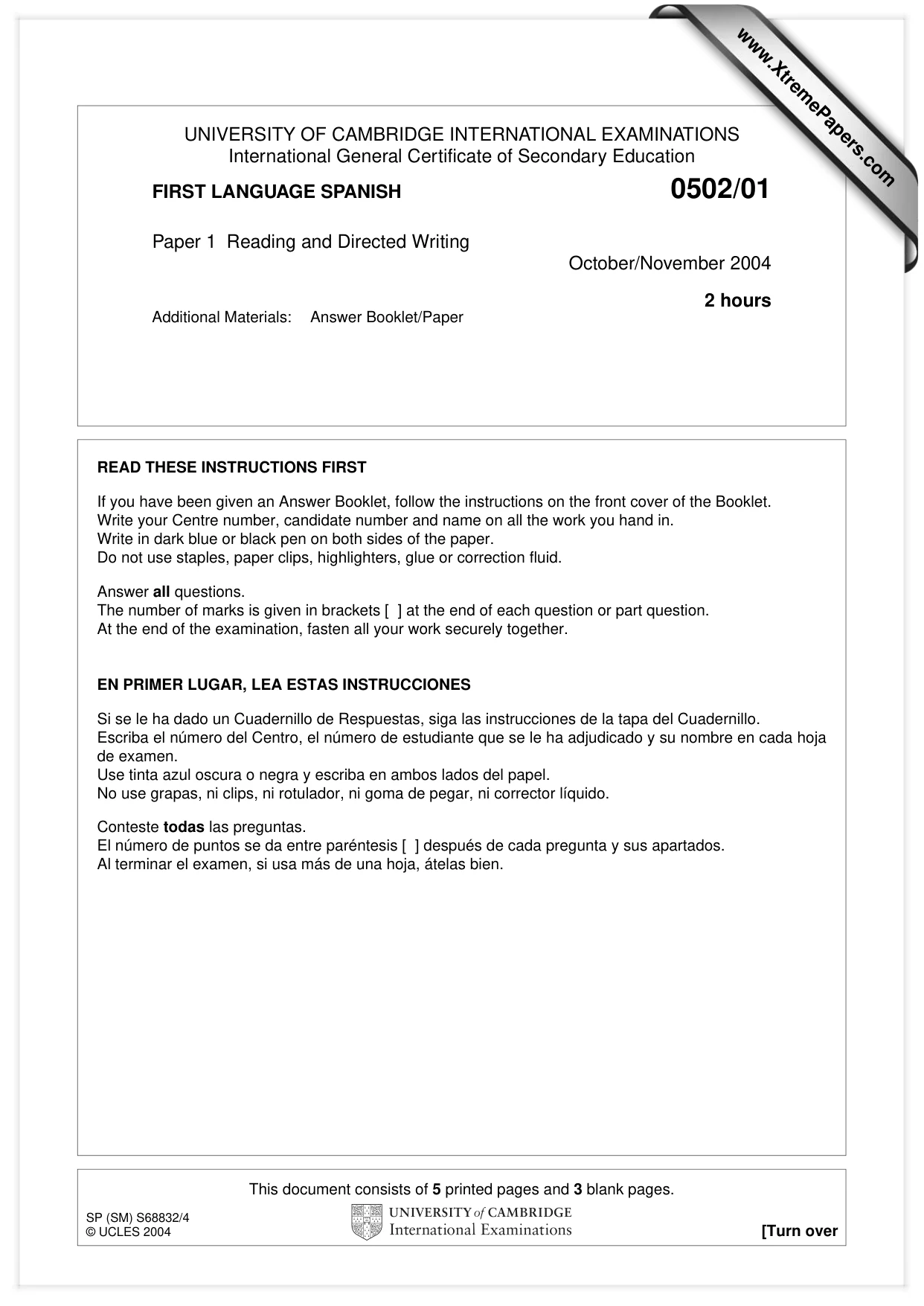 Cambridge IGCSE Spanish - First Language 0502 2004 Oct/Nov Paper 1 · Variant 1 question paper, page 1 of 8