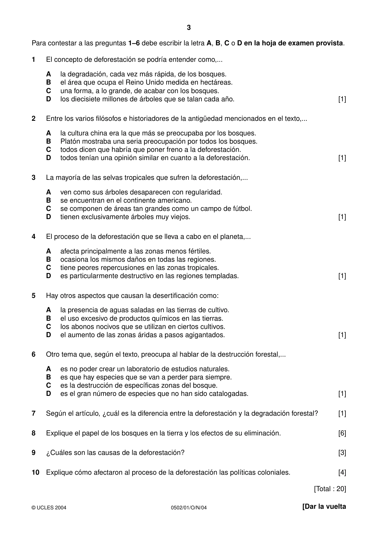 Cambridge IGCSE Spanish - First Language 0502 2004 Oct/Nov Paper 1 · Variant 1 question paper, page 3 of 8