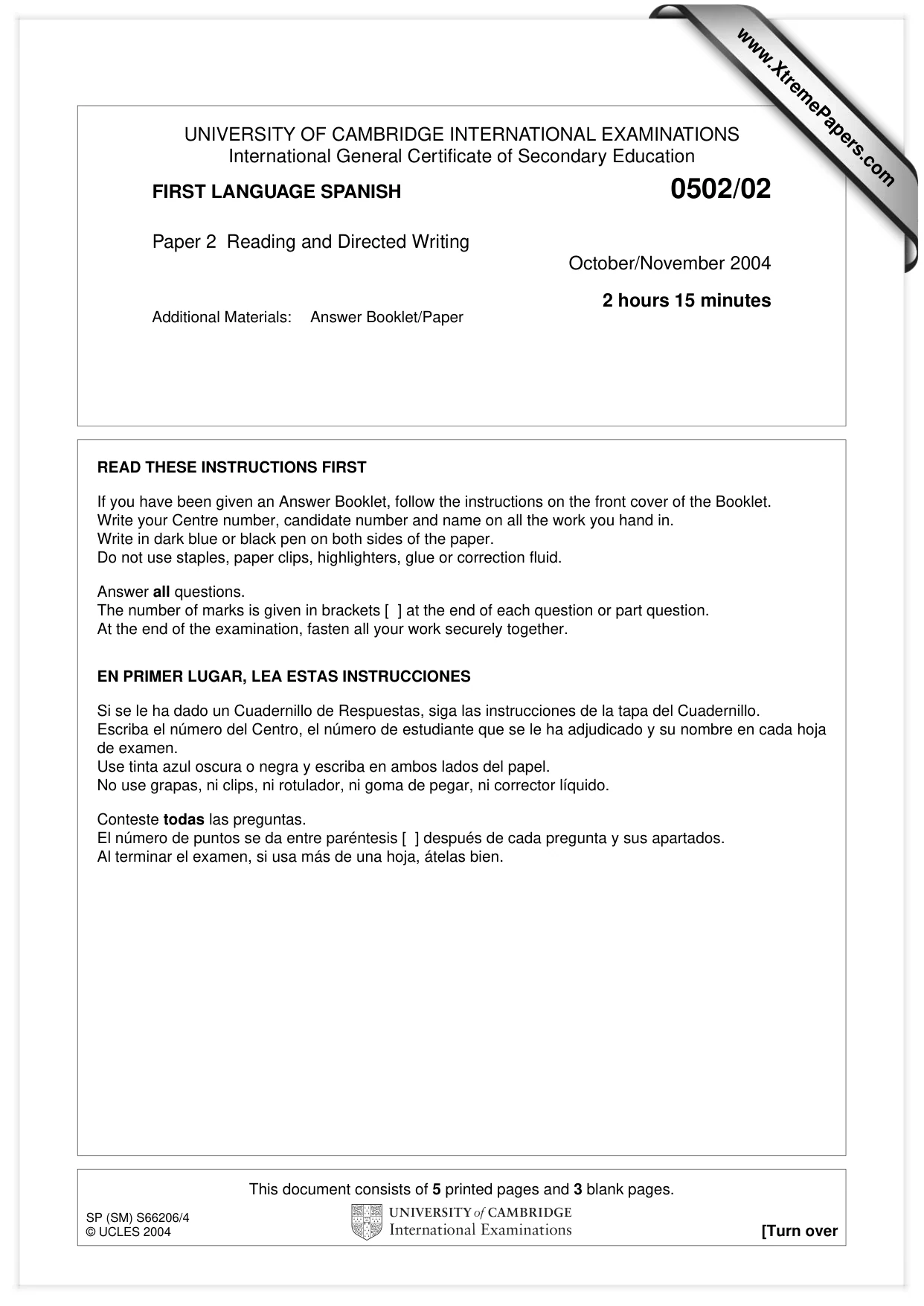 Cambridge IGCSE Spanish - First Language 0502 2004 Oct/Nov Paper 2 · Variant 1 question paper, page 1 of 8