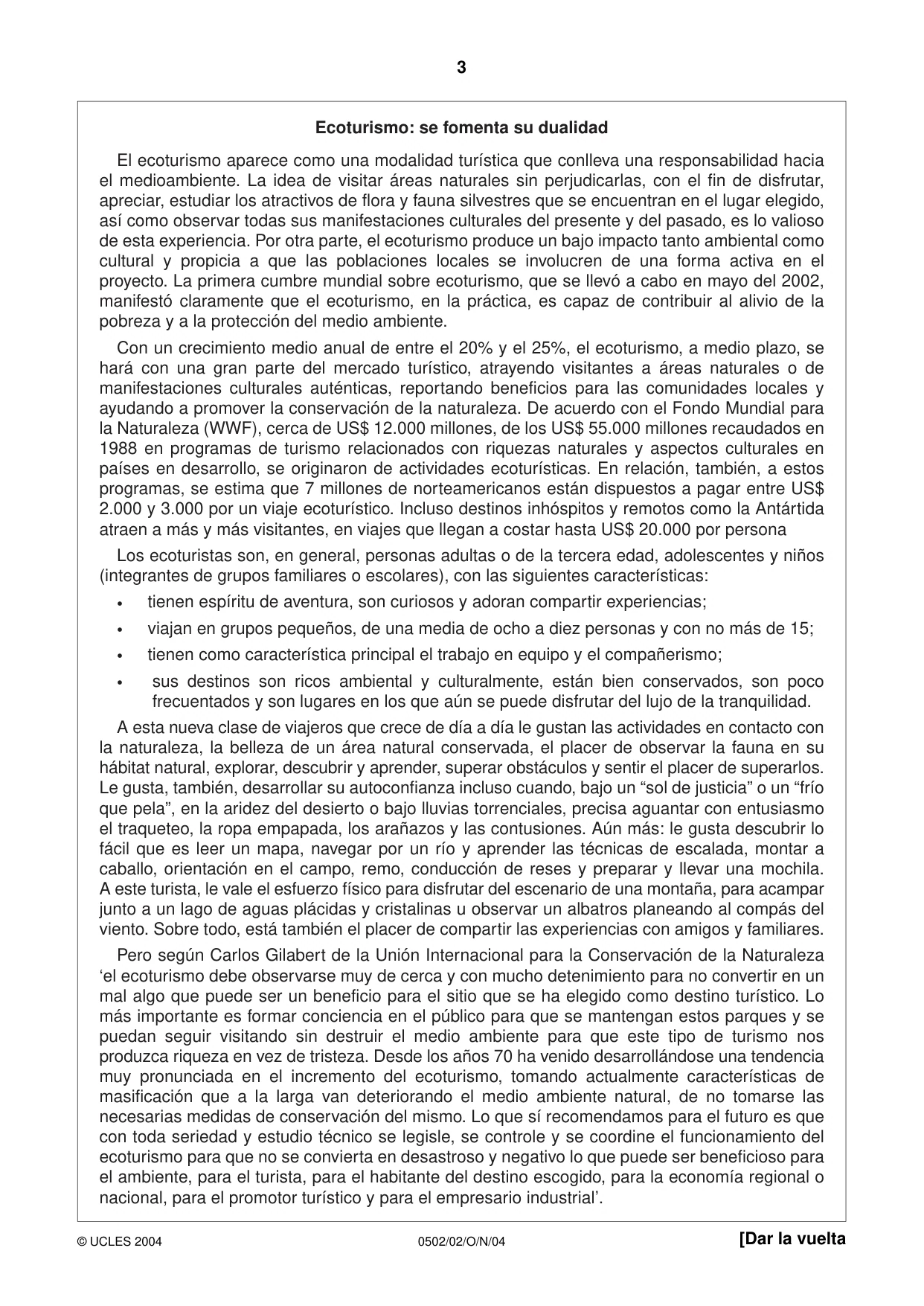 Cambridge IGCSE Spanish - First Language 0502 2004 Oct/Nov Paper 2 · Variant 1 question paper, page 3 of 8